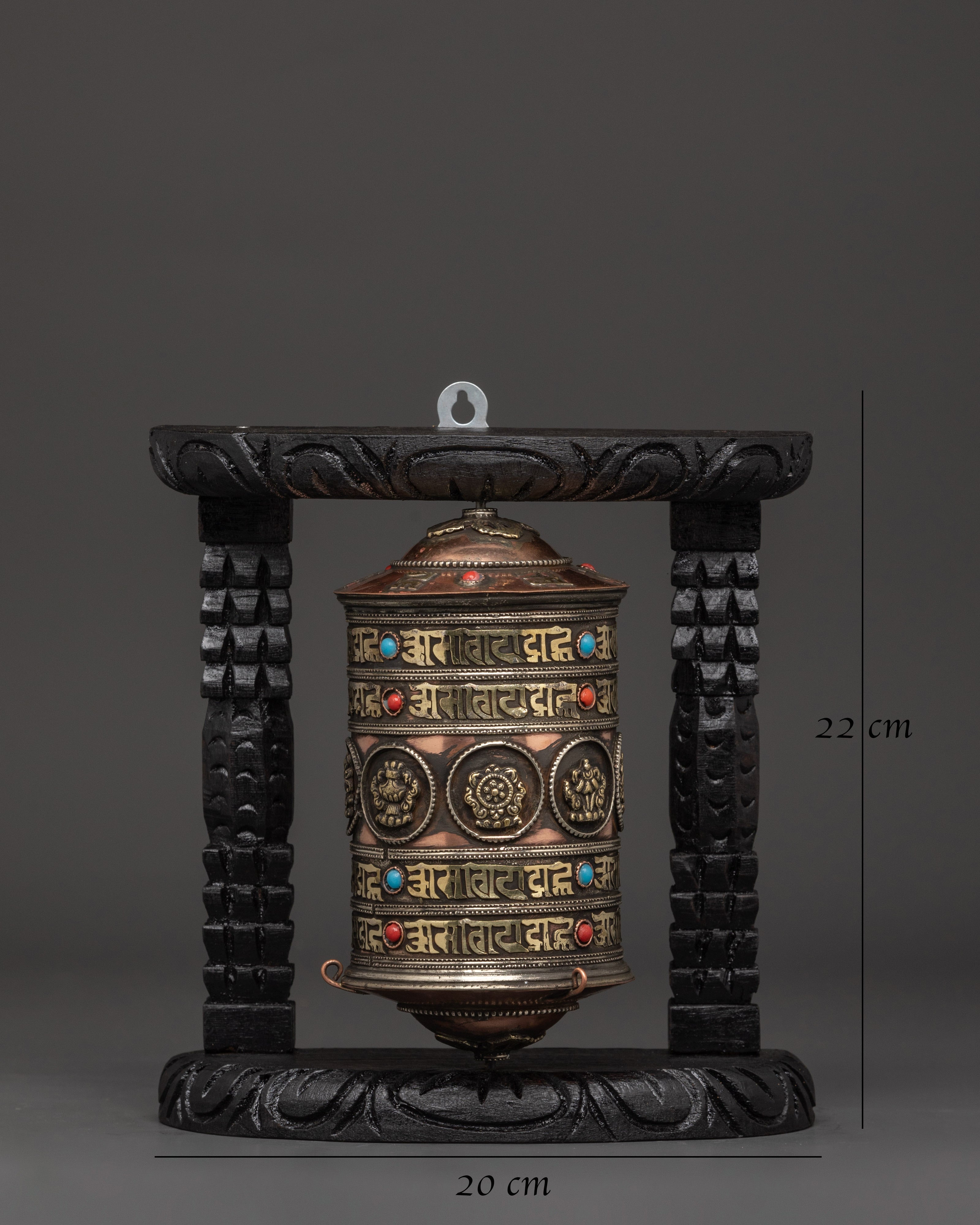 Prayer Wheel Featuring Buddhist Auspicious Symbols | Handcarved Wooden Frame