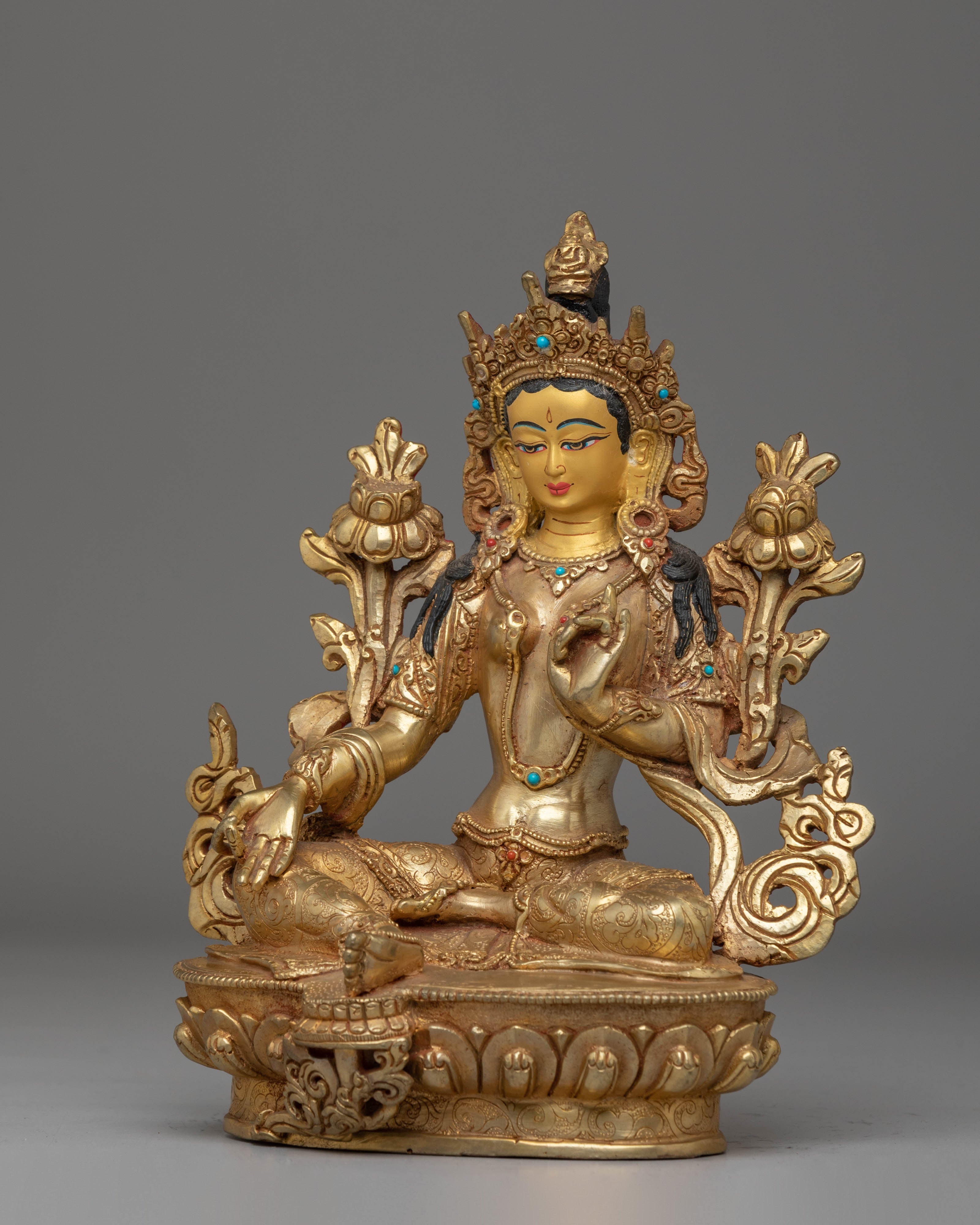 Handcrafted Green Tara Copper Statue with Spiritual Motifs