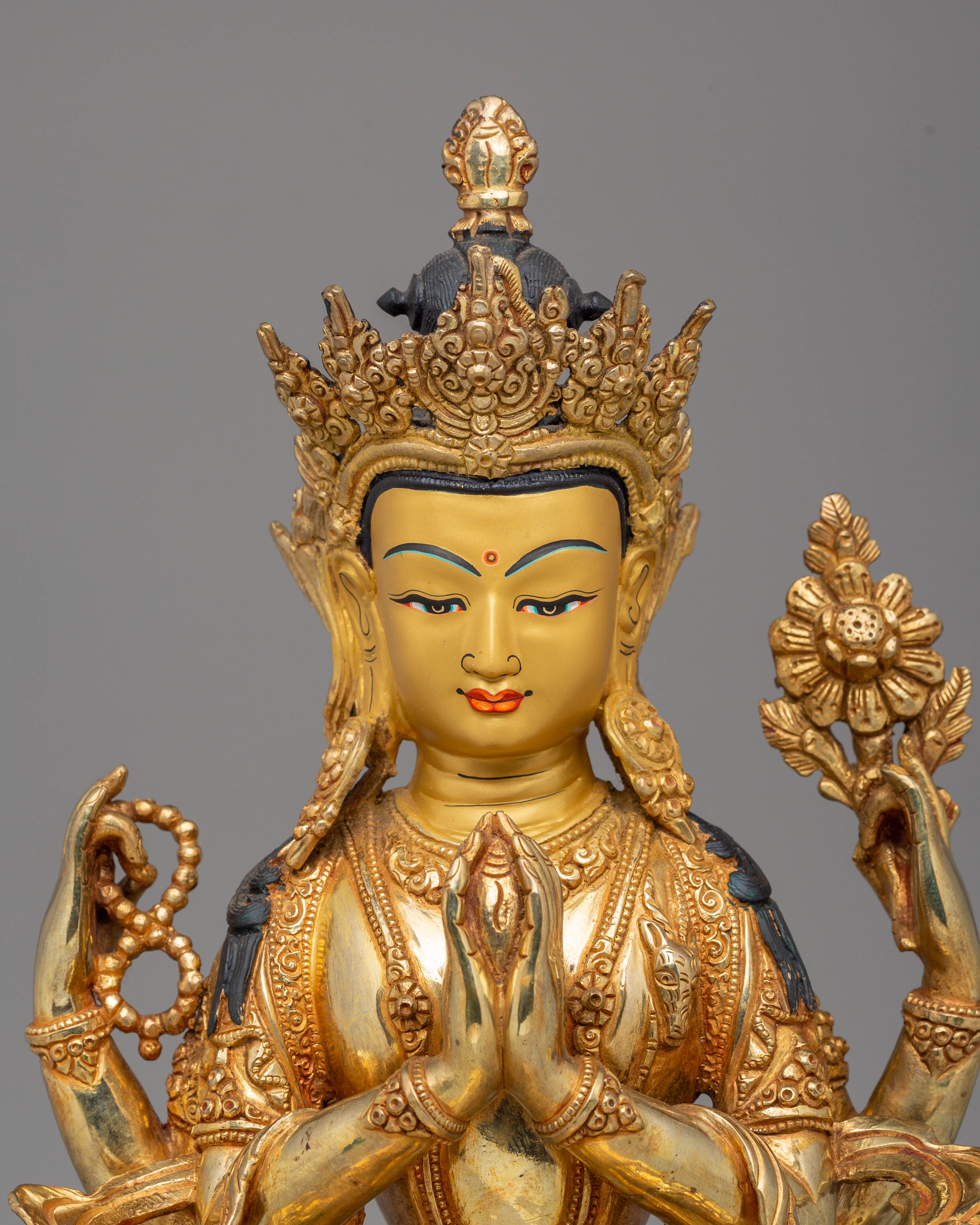 Handcrafted Copper Statue of Chenrezig with 24K Gold Gilding
