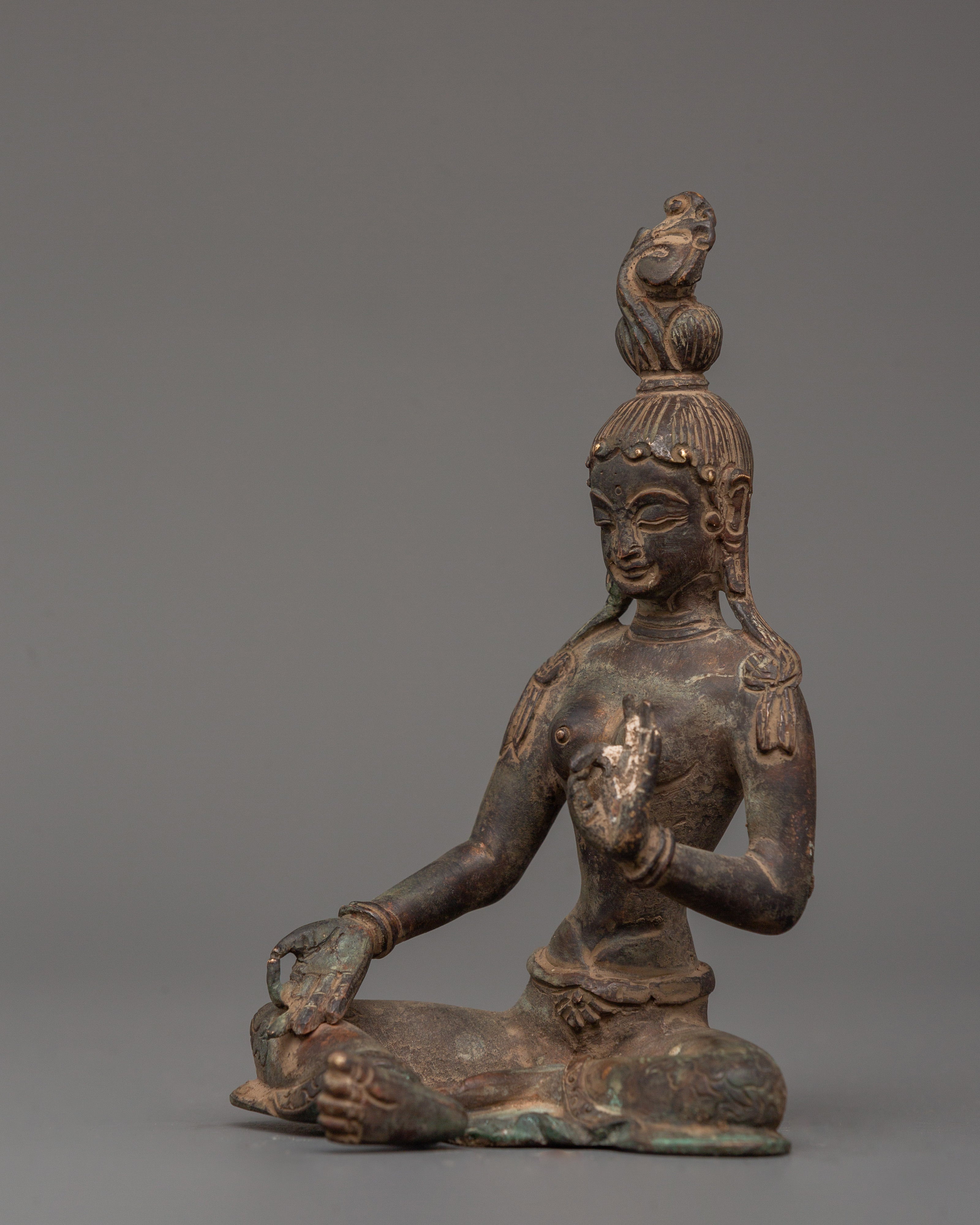 Green Tara Statue in Antique Copper Finish | Tibetan Goddess of Compassion & Protection