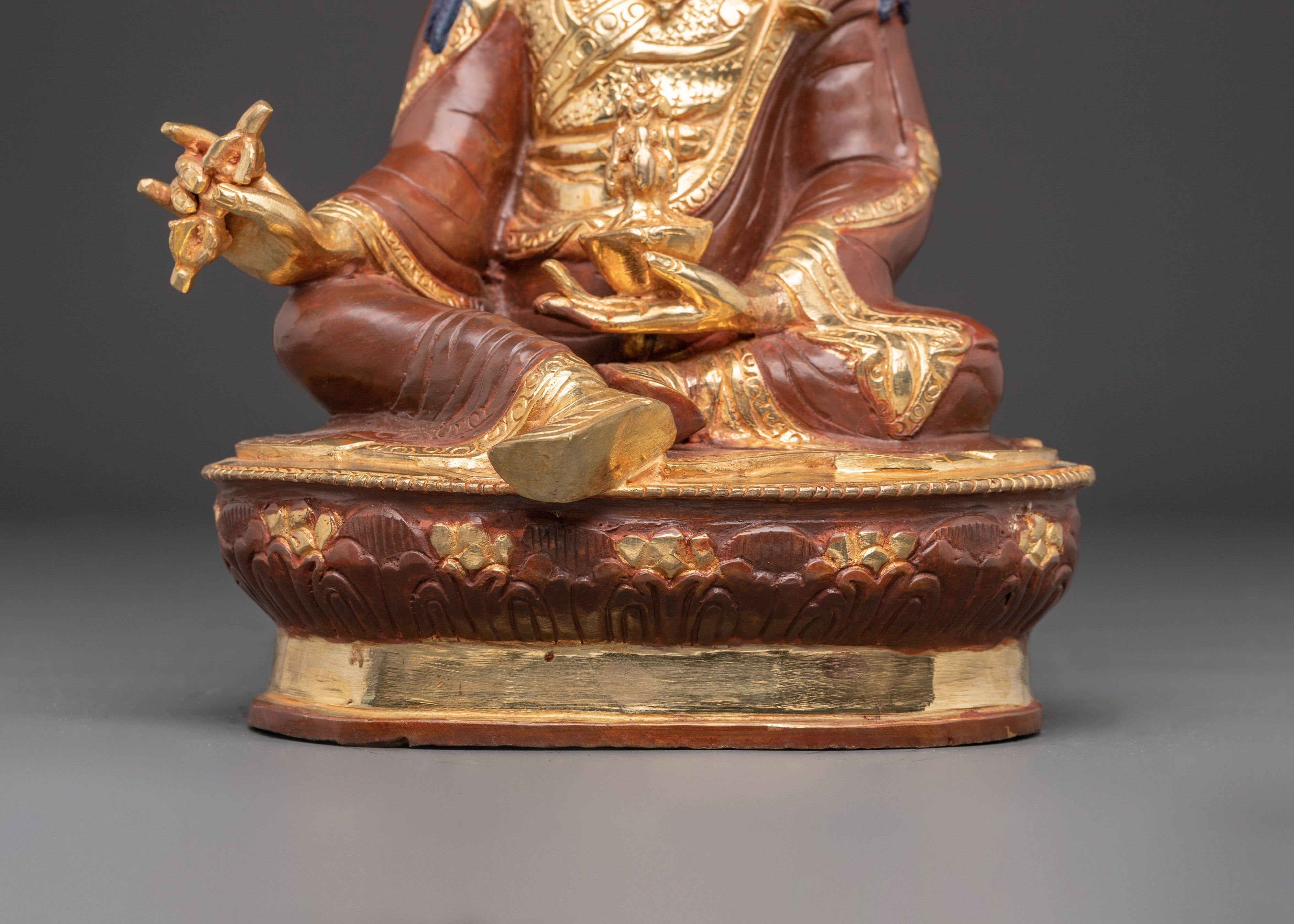 Handmade Tibetan Guru Rinpoche Statue | Copper Gold-Plated and Acrylic Sculpture