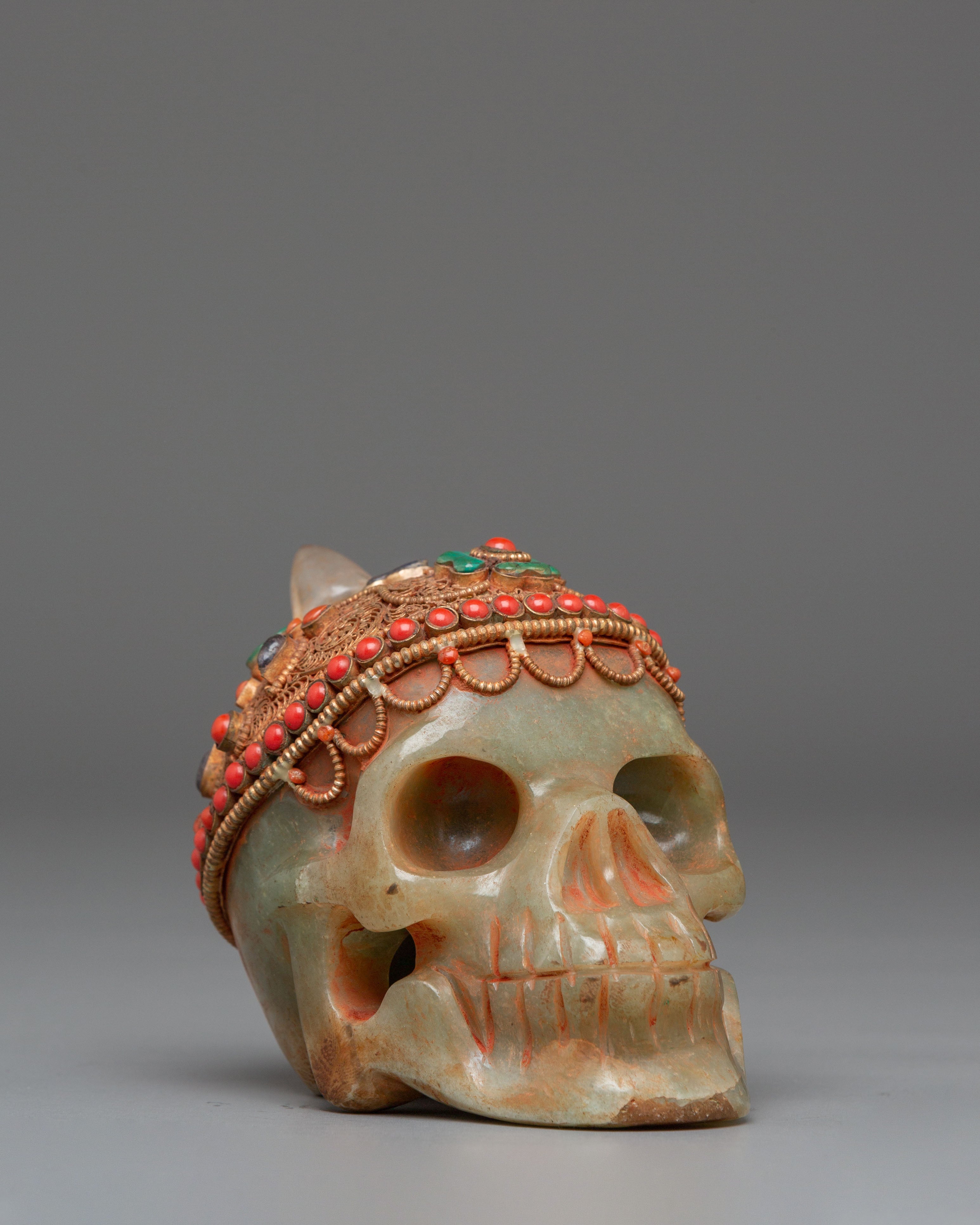 Handcrafted Skull Sculpture | Crystal and Copper Art with Turquoise & Coral