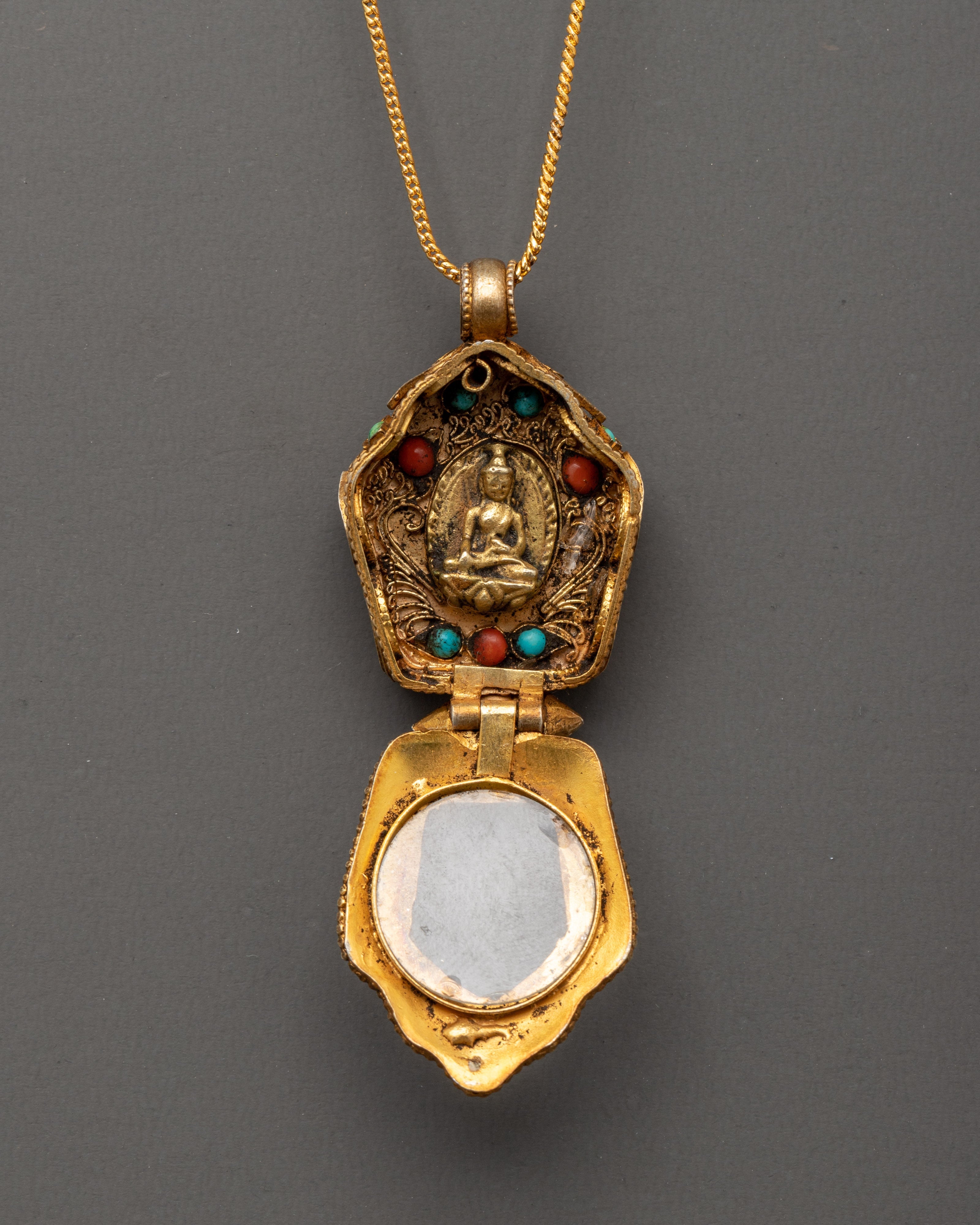 Ghau Box Locket with Shakyamuni Buddha | Tibetan Copper Prayer Box Amulet
