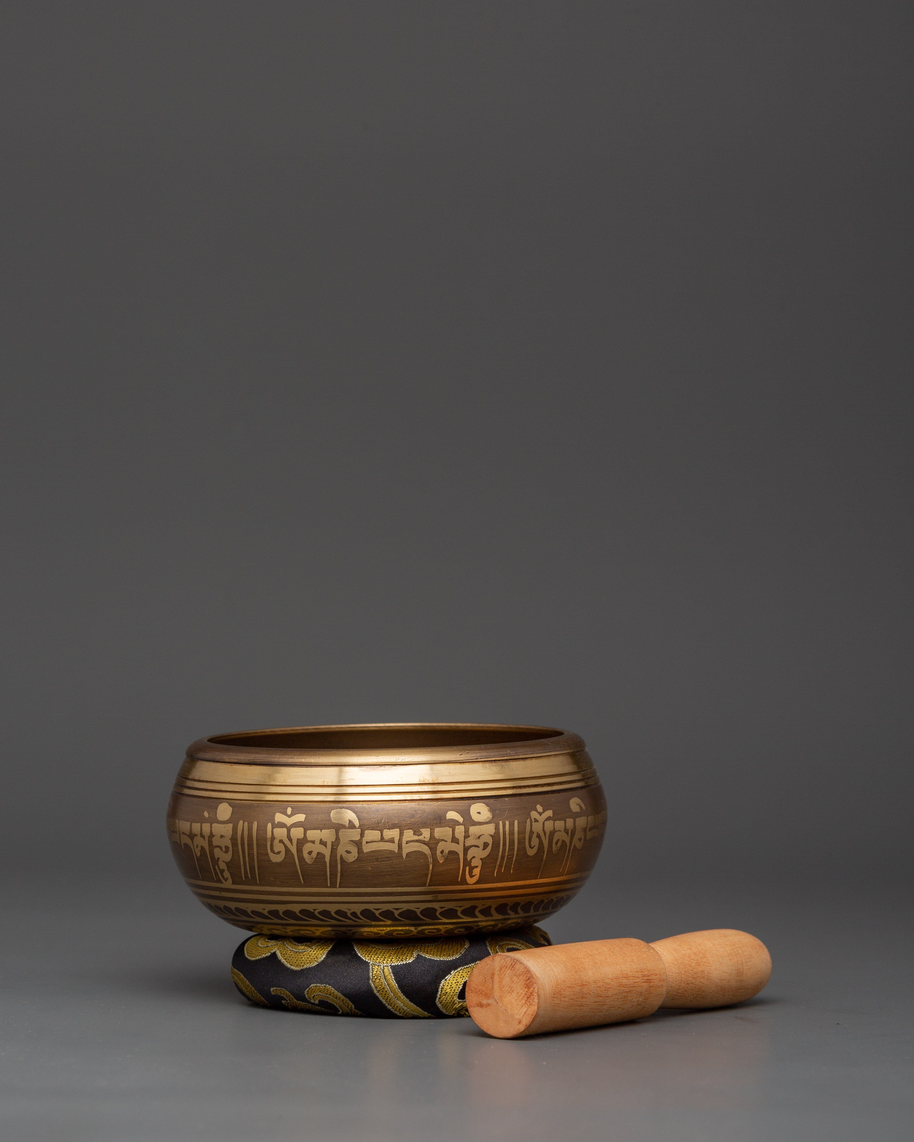 Singing Bowl with Five Buddhas Engraved | Tibetan Bowl with Cushion & Wooden Mallet