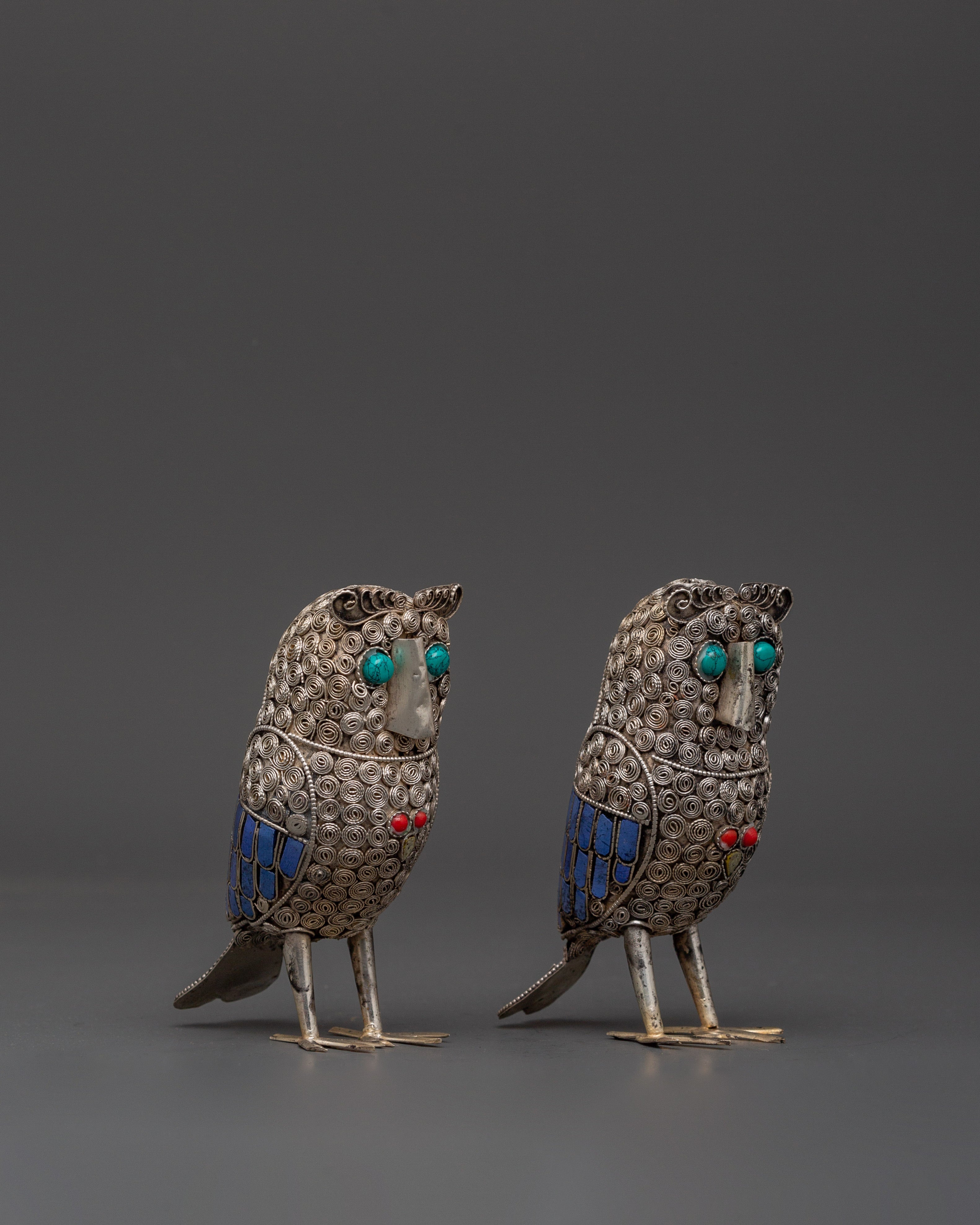 Handmade White Metal Owl Set | With Coral & Turquoise Stones