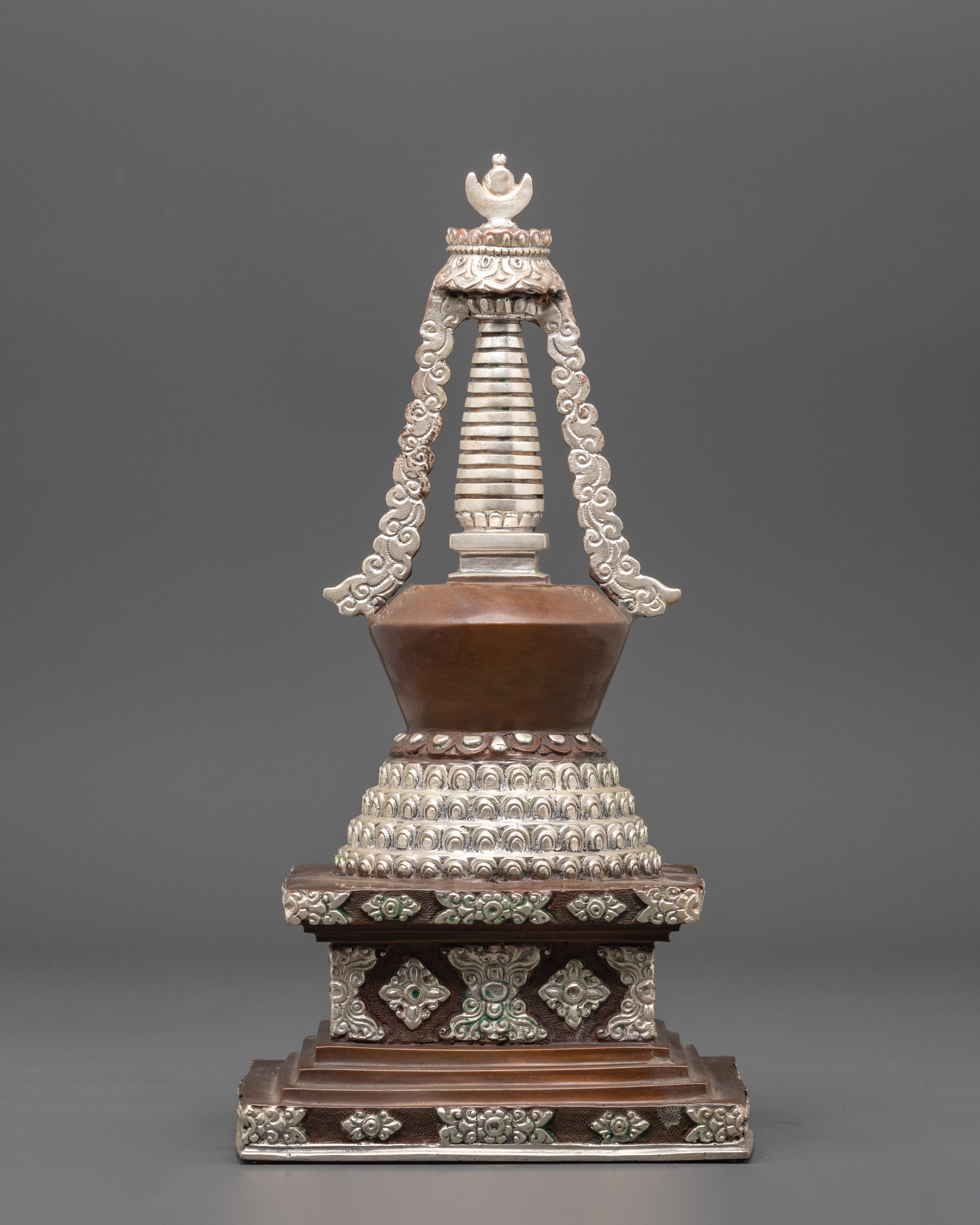 Buddhist Meditation Stupa | Silver Plated Oxidized Copper Altar Decor