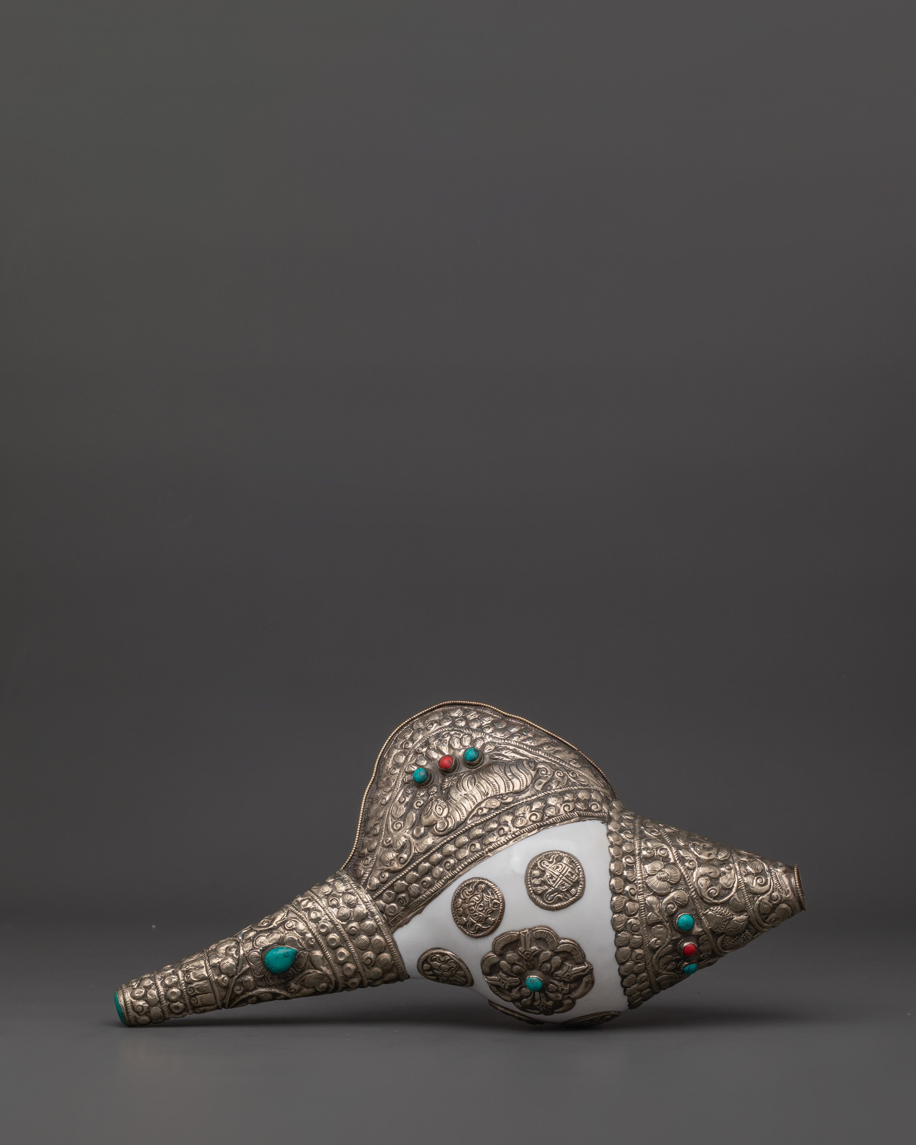 Handcrafted Puja Conch Shell | Tibetan Shankha with Brass and Turquoise Stone