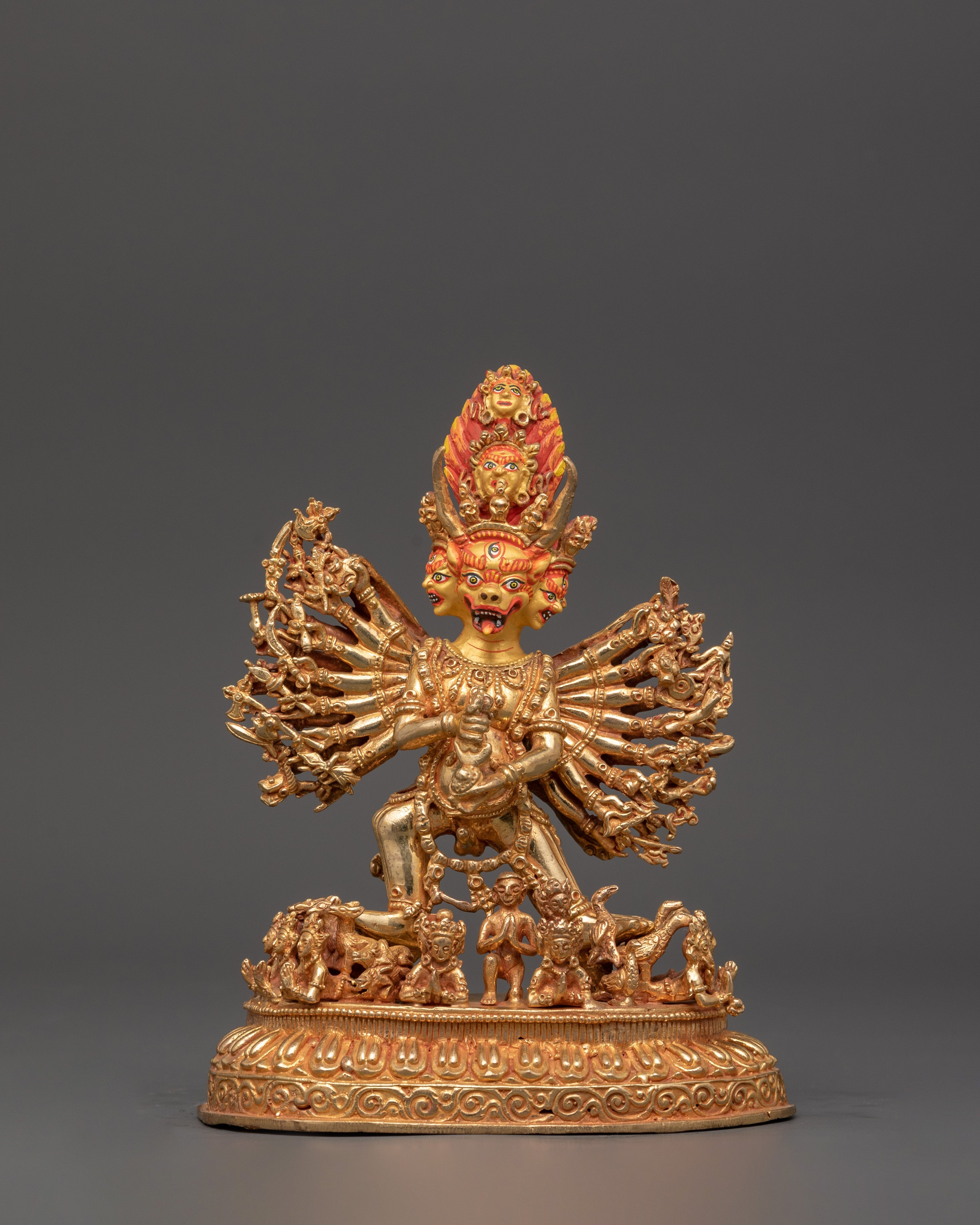 Wrathful Protector Deity, Yamantaka Gold-Plated Statue | Fierce Tibetan Buddhist Guardian
