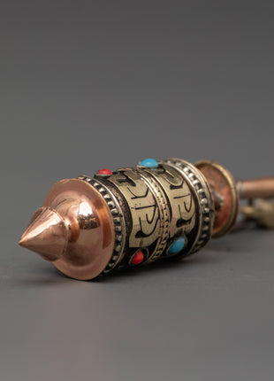 Buddhist Mantra Prayer Wheel with Turquoise Inlay | Ritual Practice & Meditation Tool
