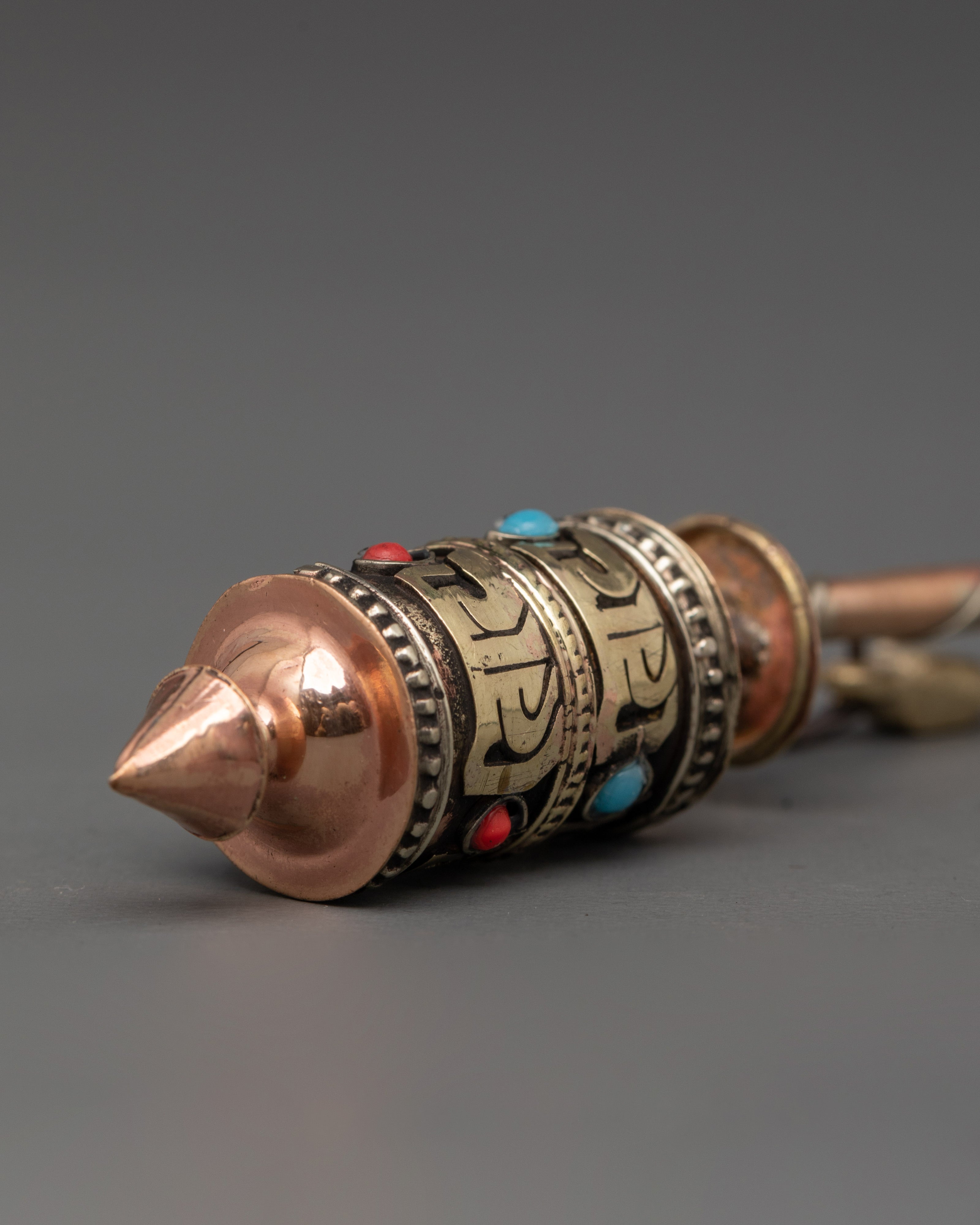 Buddhist Mantra Prayer Wheel with Turquoise Inlay | Ritual Practice & Meditation Tool