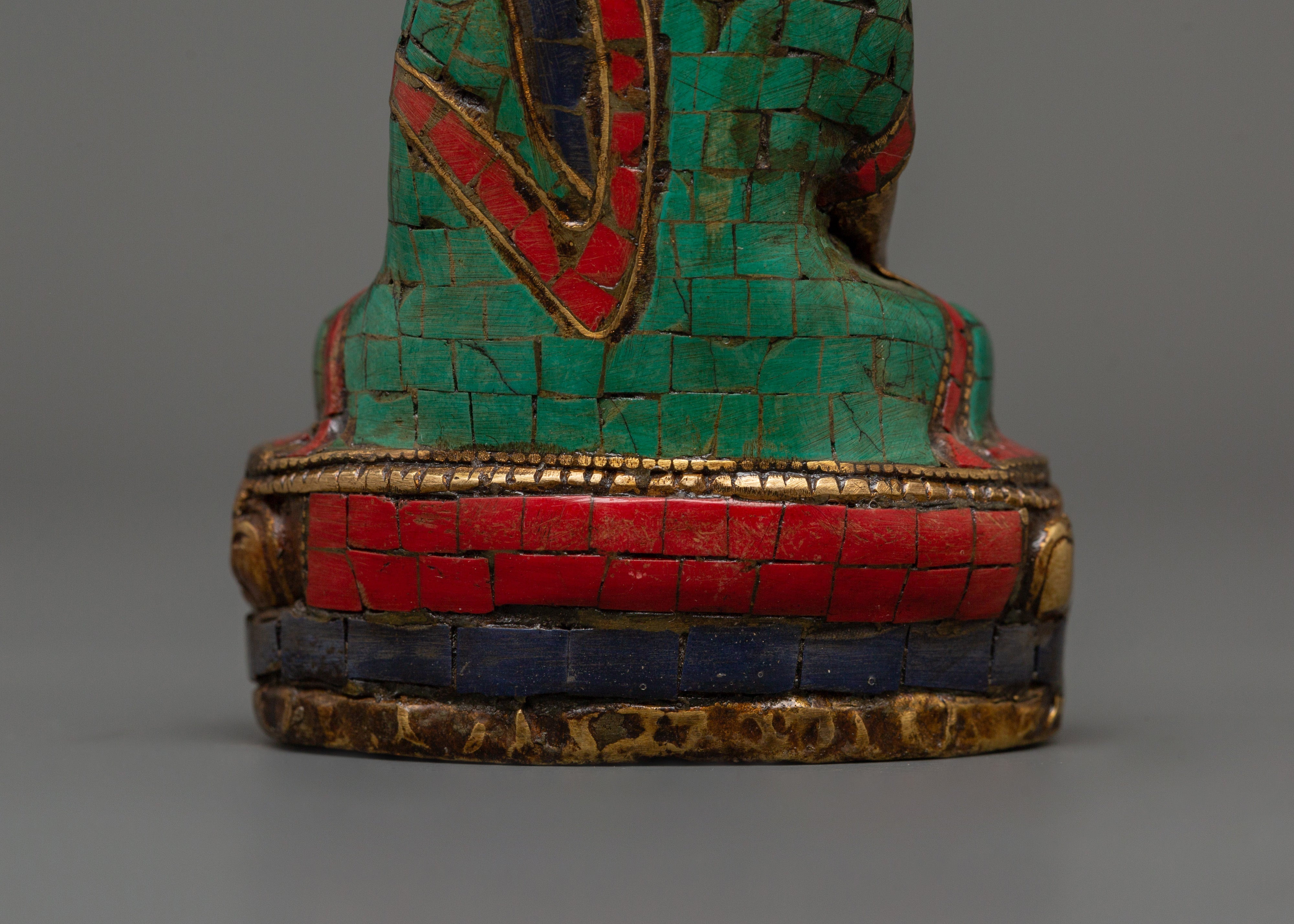 Beautiful Shakyamuni Buddha | Brass with Turquoise & Coral Inlay