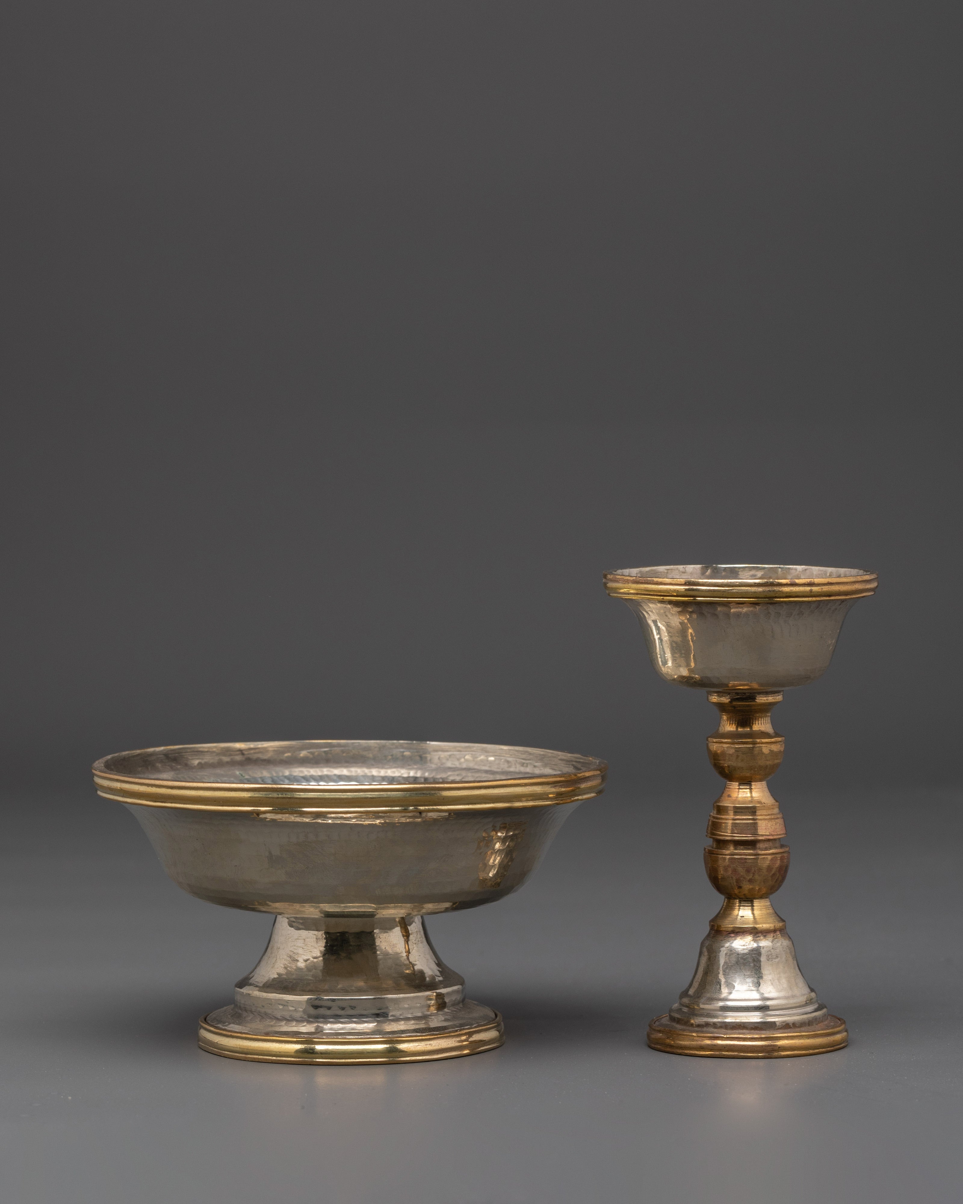 Handmade Serkyem Set for Offering | White Metal and Copper Buddhist Offering Vessel