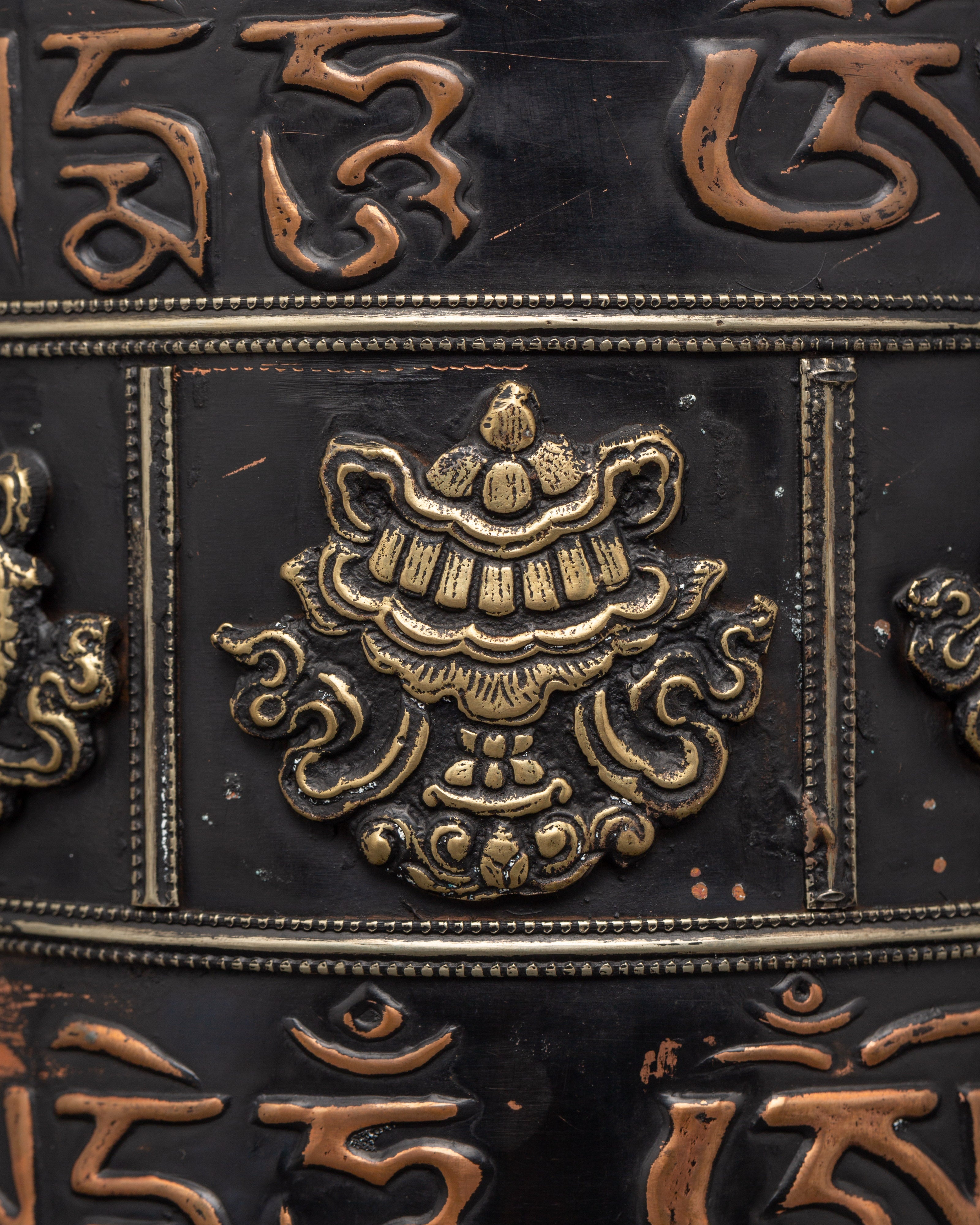 Prayer Wheel Carved with Wooden Frame | Copper & Brass Mantra Wheel