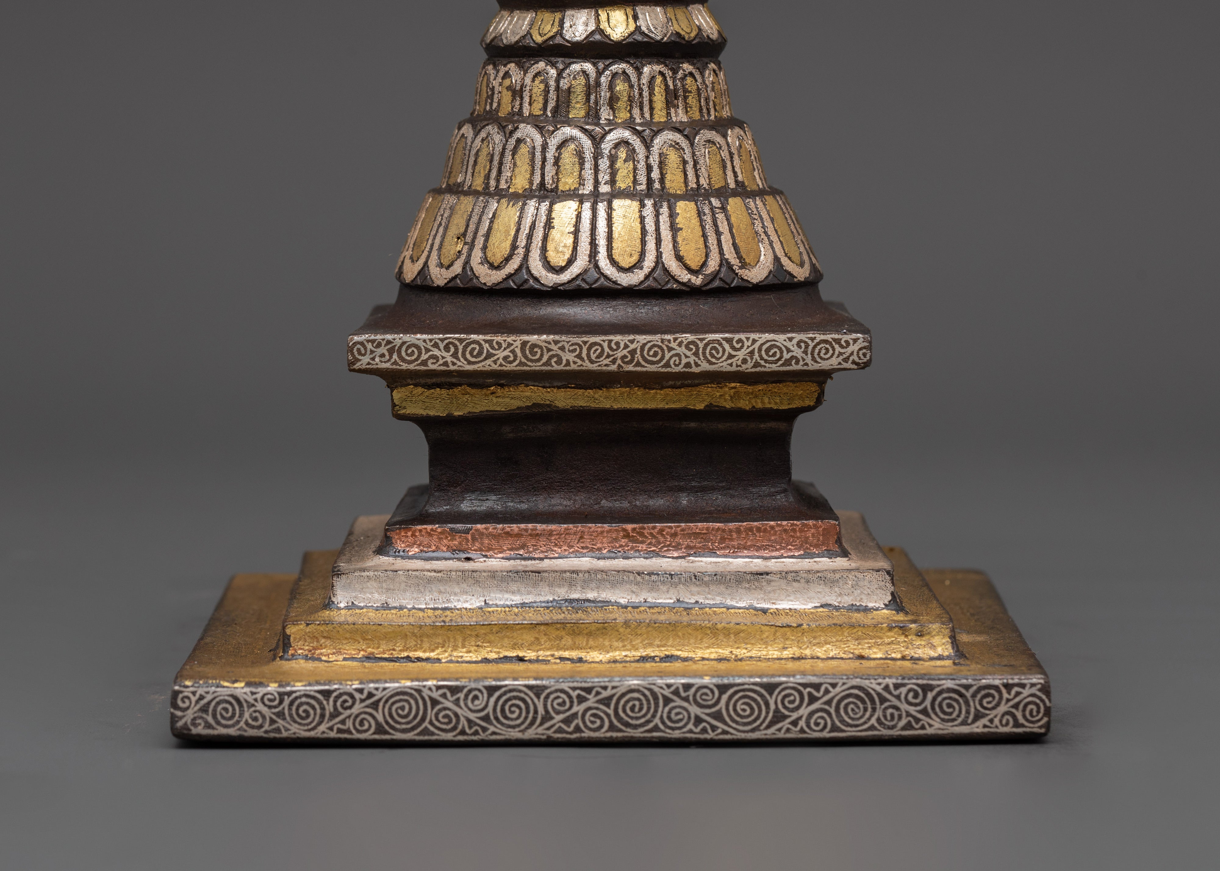 Handcrafted Iron Stupa with Silver Plating & Brass Inlay | For Altar Decor