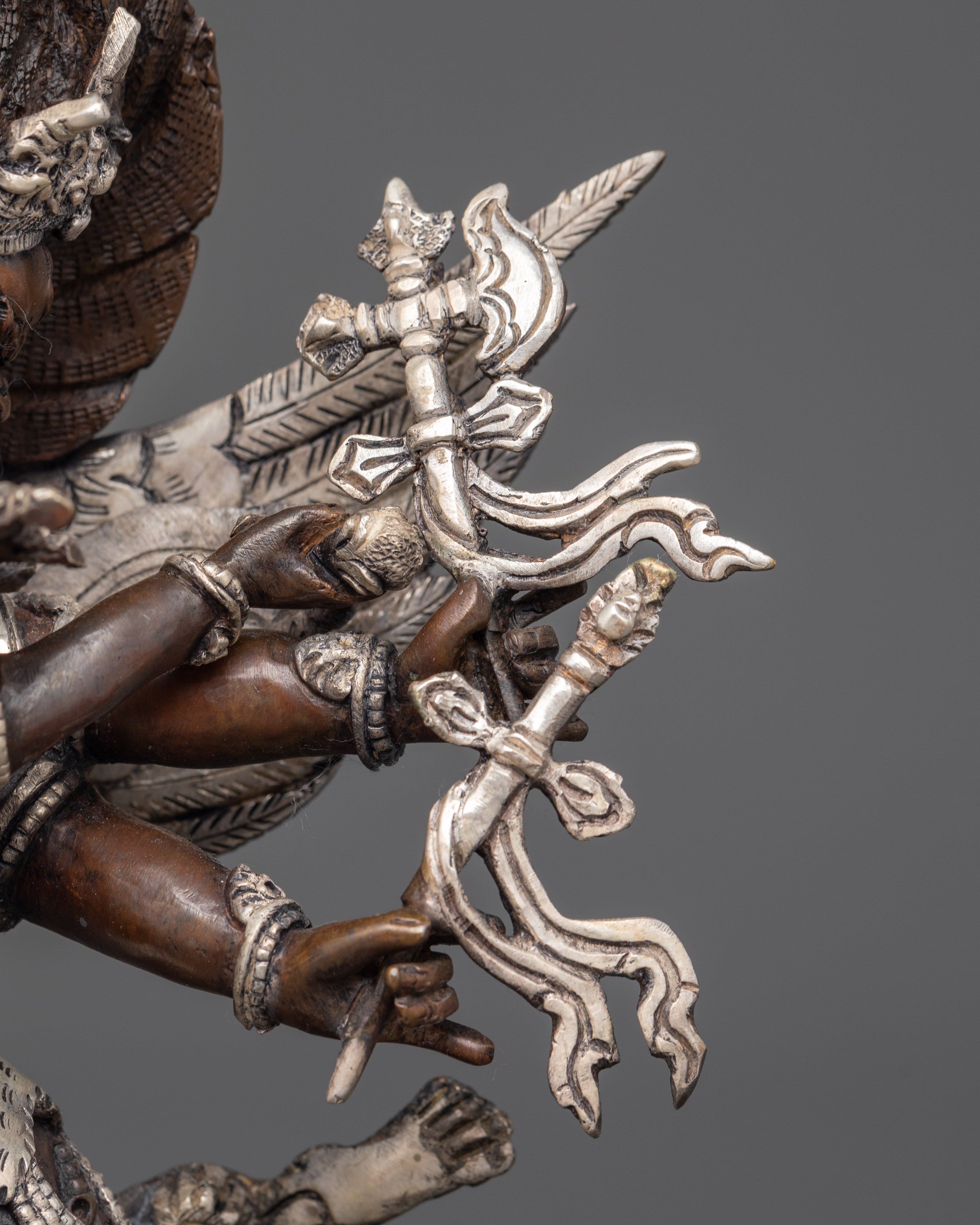 Sacred Hayagriva Statue with Consort | Oxidized Copper and Silver-Plated Sculpture