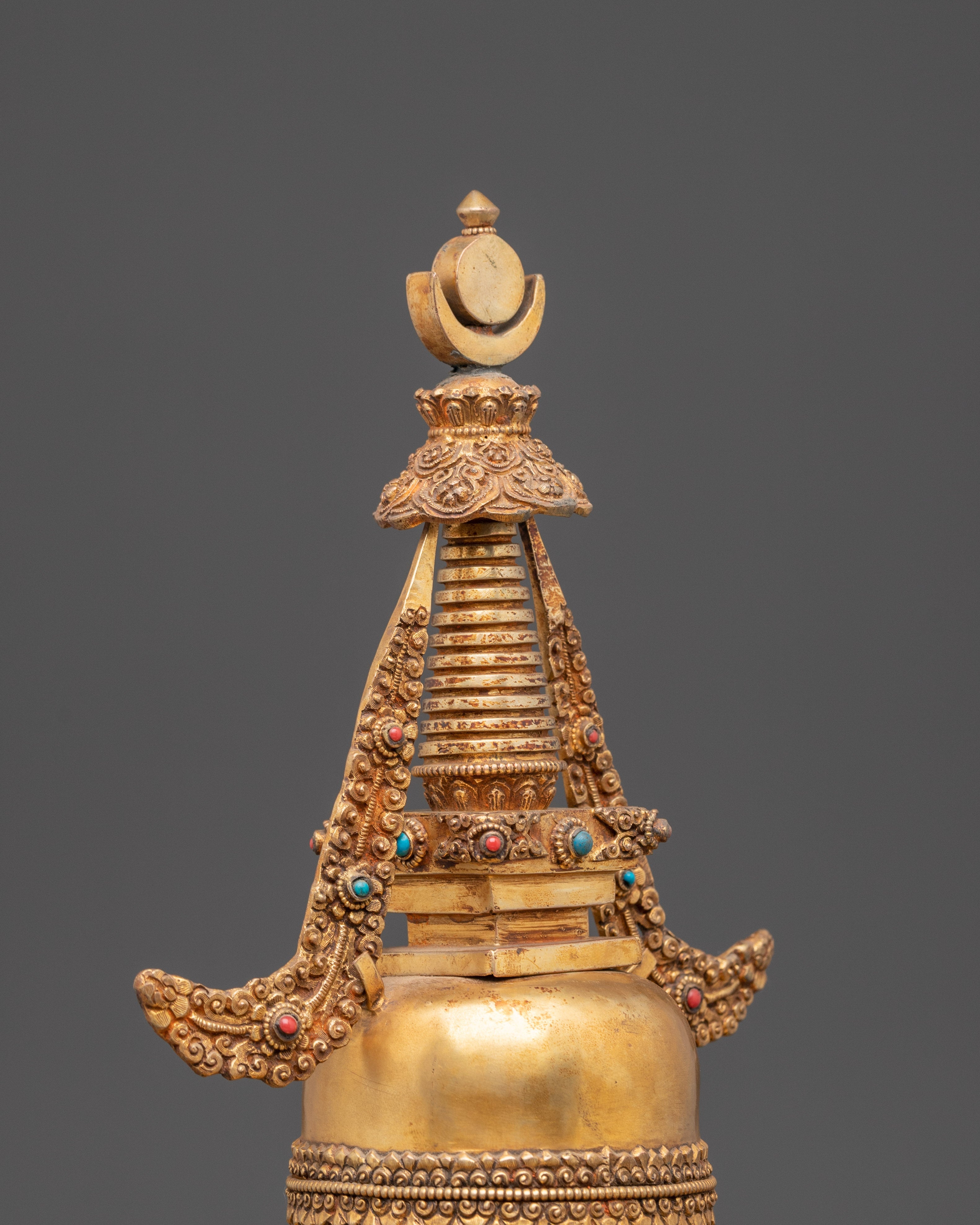 Sacred Buddhist Stupa Monument | Gold Plated Copper with Turquoise Inlay