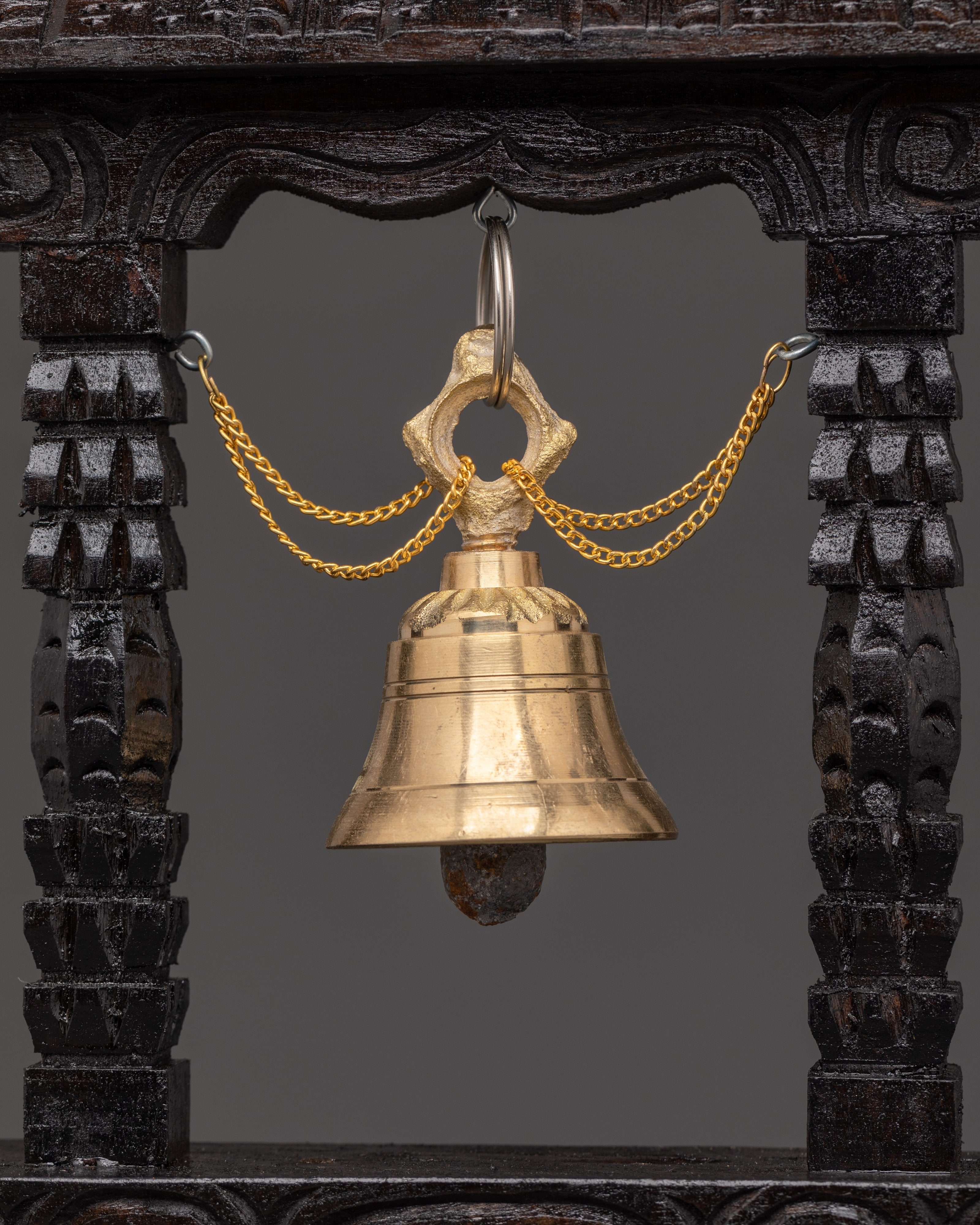 Traditional Buddhist Hanging Bell Decor | Hand Carved Wooden Bell Shrine
