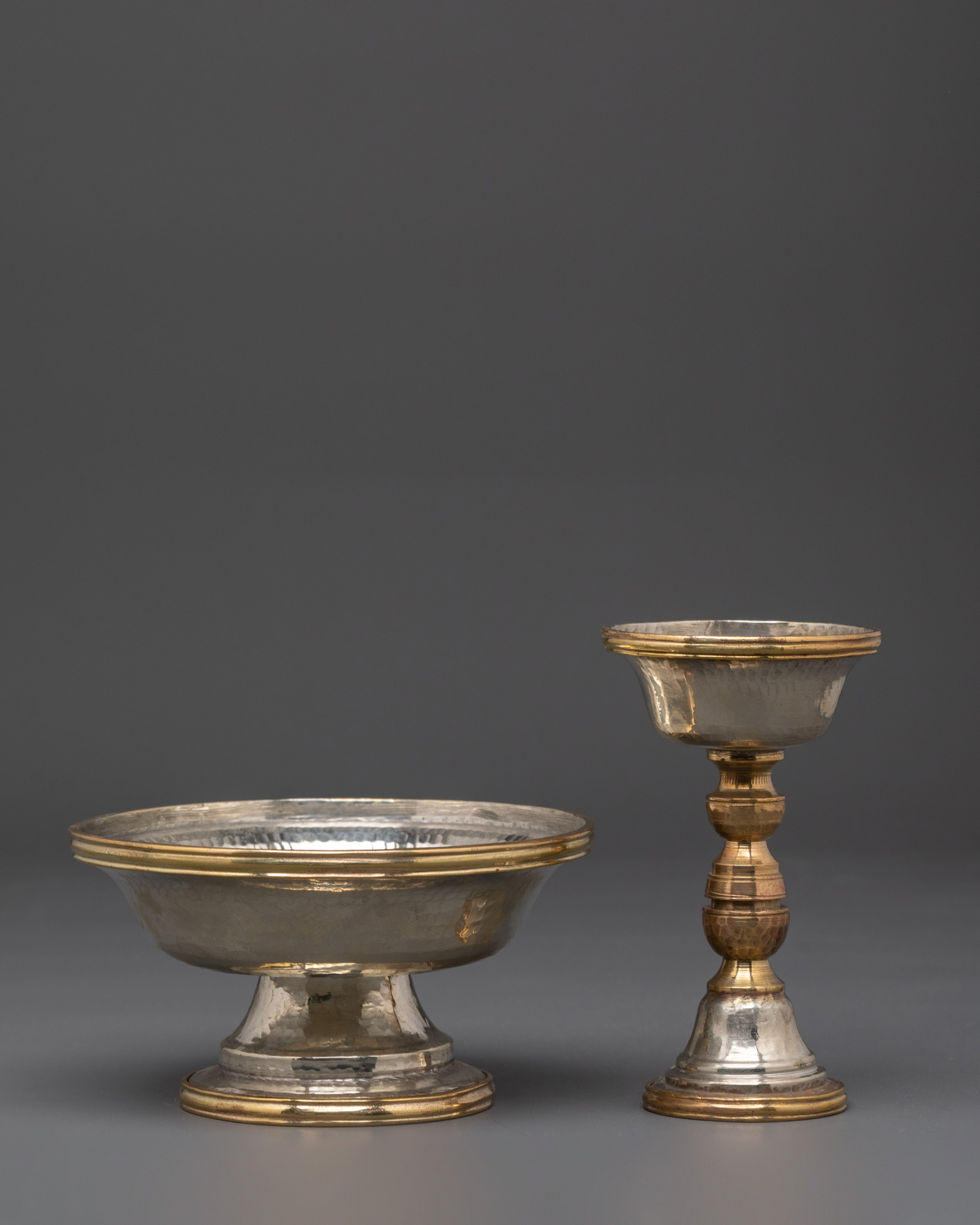 Handcrafted Buddhist Altar Serkyem Set | White Metal and Copper Ritual Offering Vessel