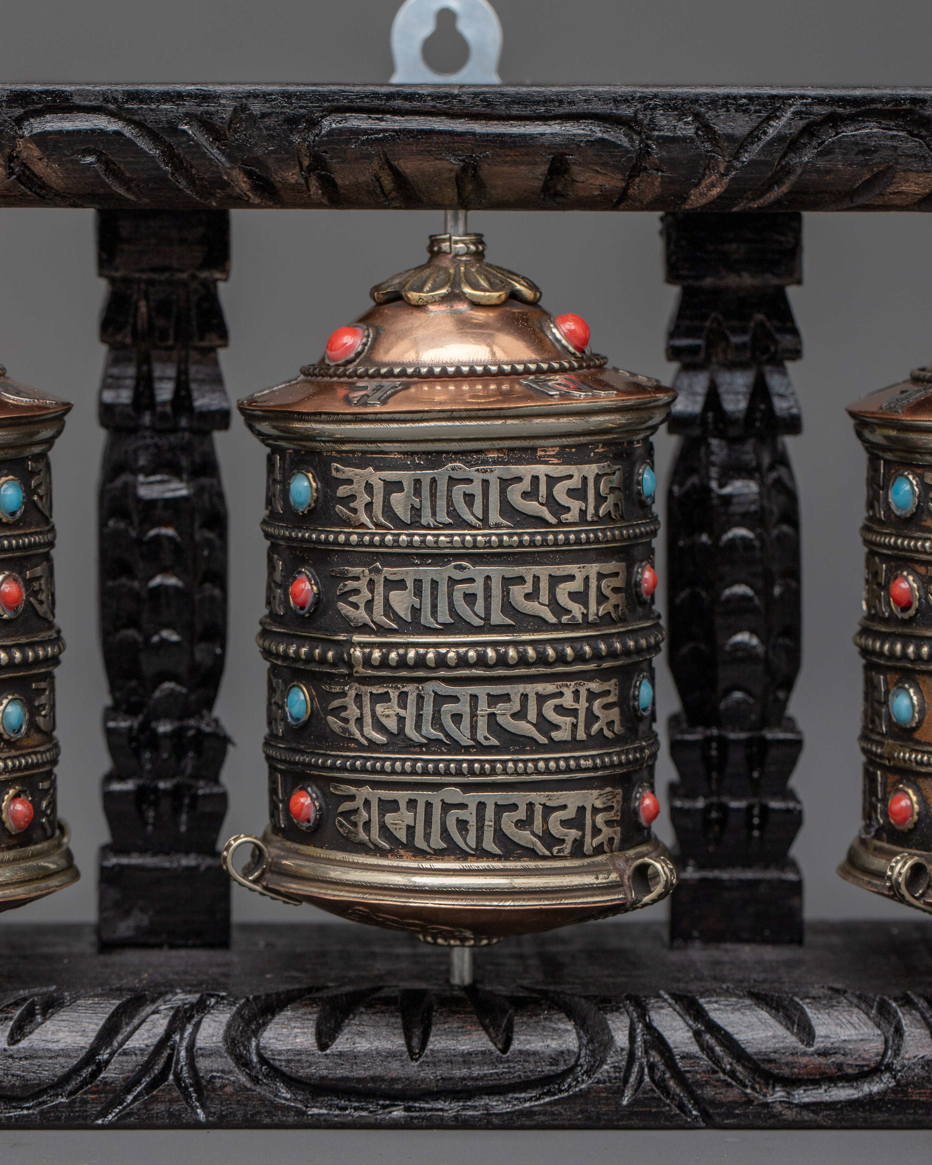 Three-Wheel Prayer Spinner in Wooden Frame | Tibetan Buddhist Home Blessing Tool