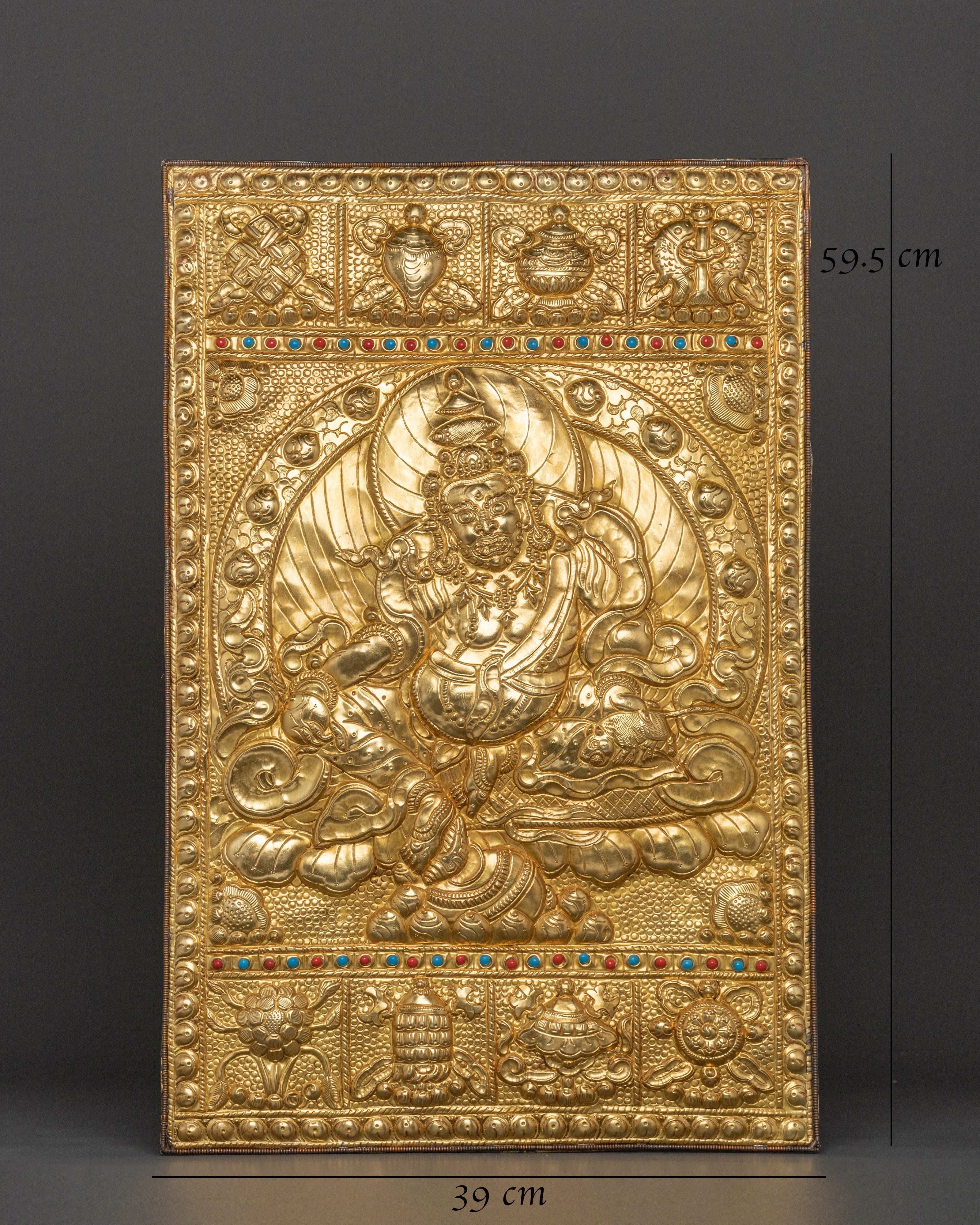 Dzambhala Metal Thangka Wall Hanging | Brass Tibetan Wealth Deity Artwork