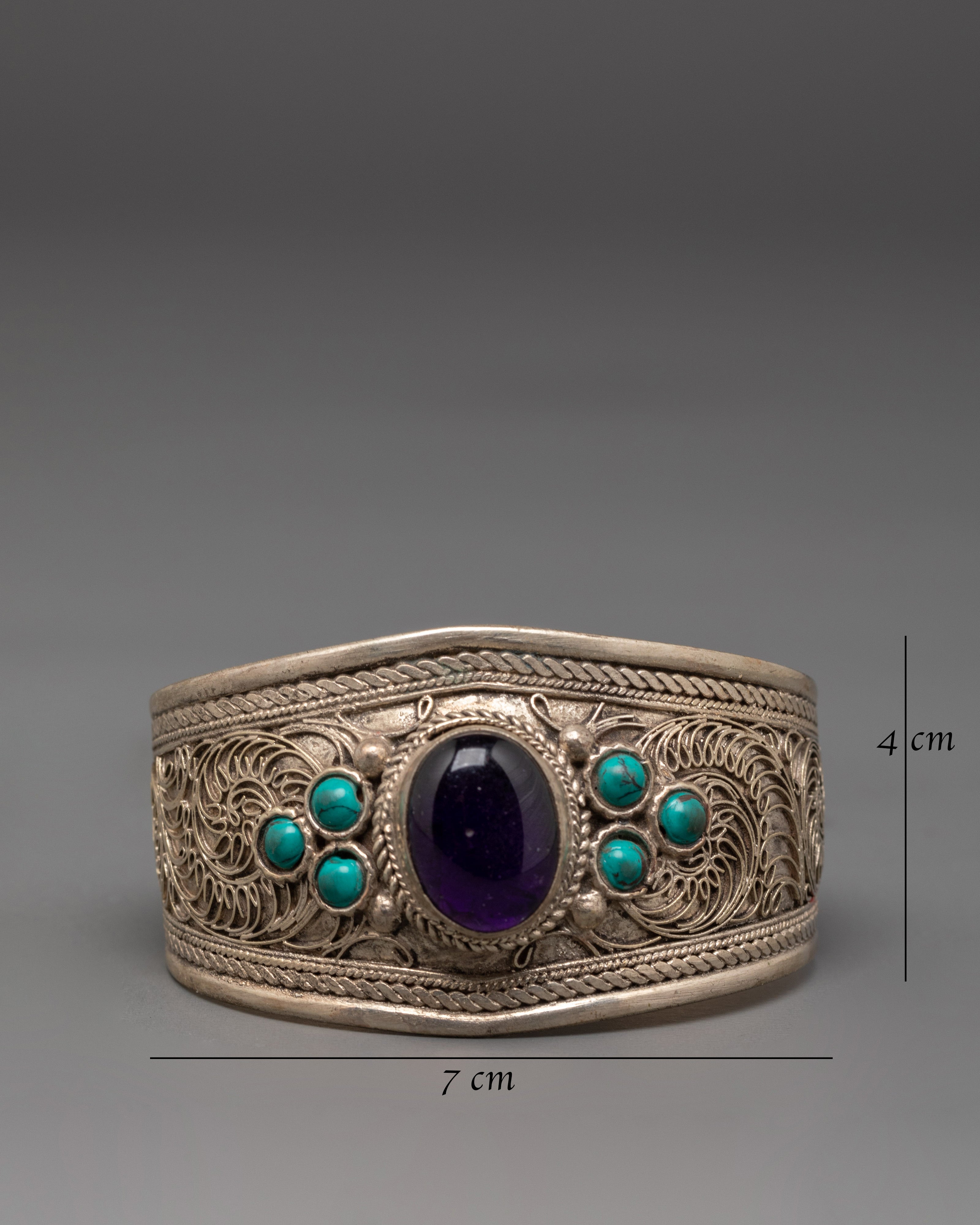 Himalayan Silver Gemstone Cuff Bracelet | Turquoise Amethyst Jewelry