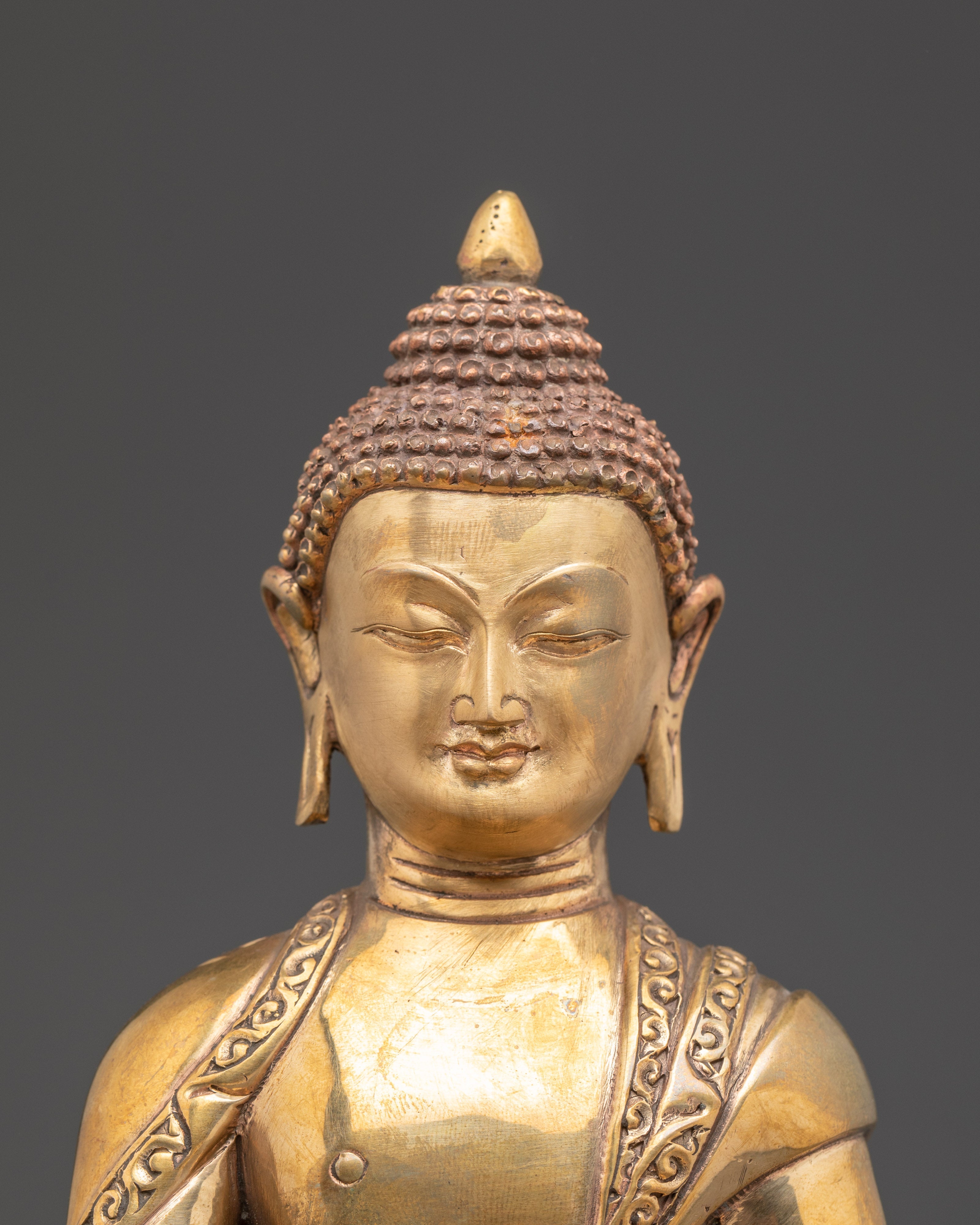 Traditional Shakyamuni Buddha Figurine | Gold Plated Copper Meditation Statue