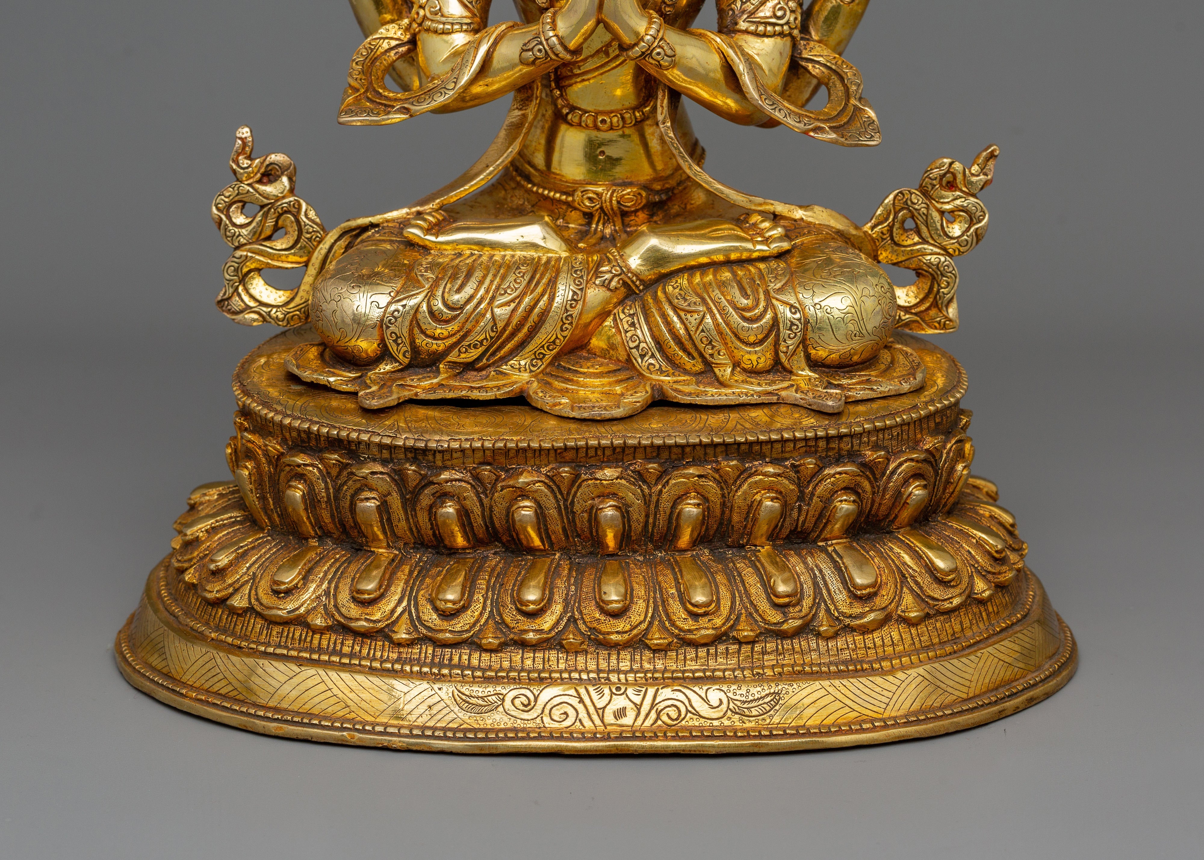 Golden Avalokiteśvara Statue | Four Armed Chenrezig Gilded in 24k Gold