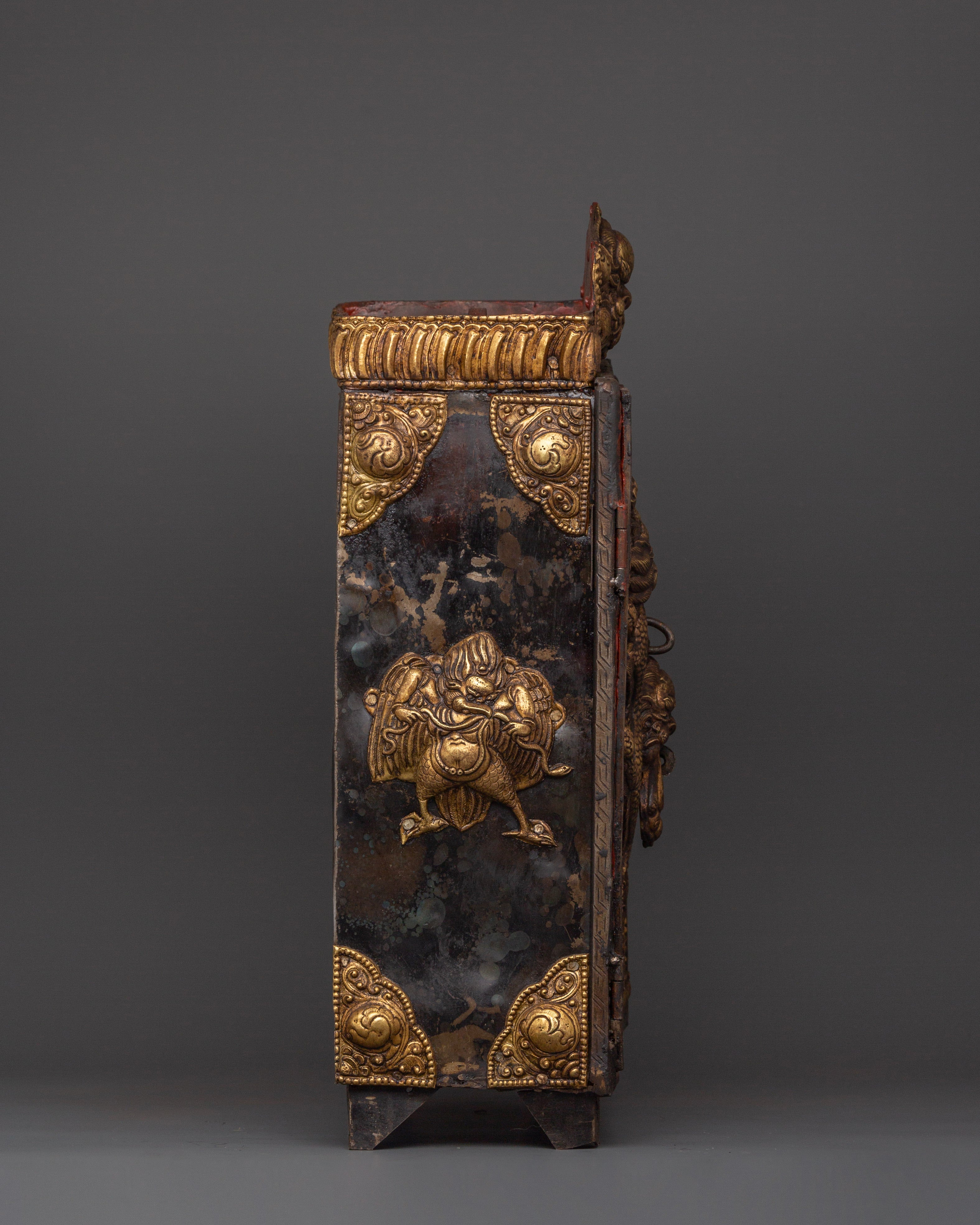 Large Tibetan Ghau Box | Brass & Iron Buddhist Altar Shrine