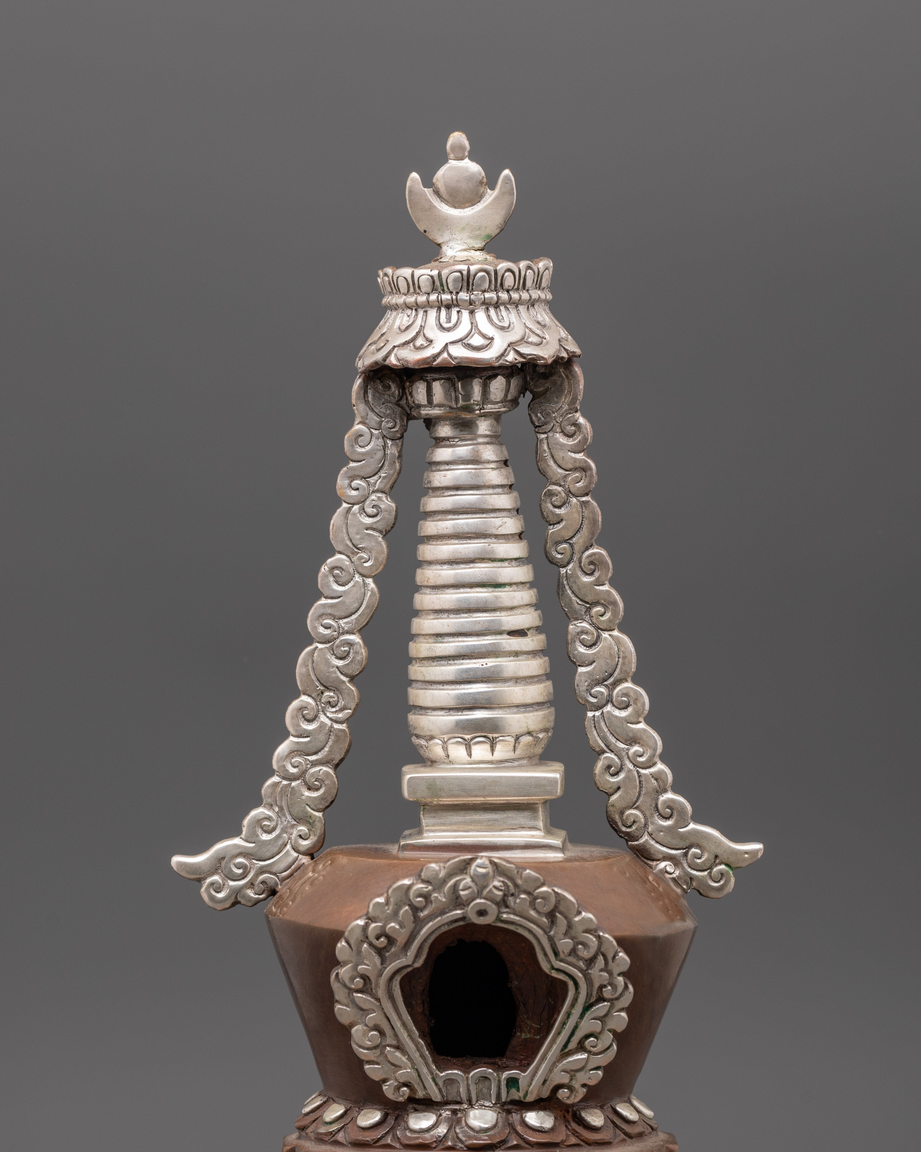 Handcrafted Himalayan Stupa Figurine | Silver Plated Buddhist Altar