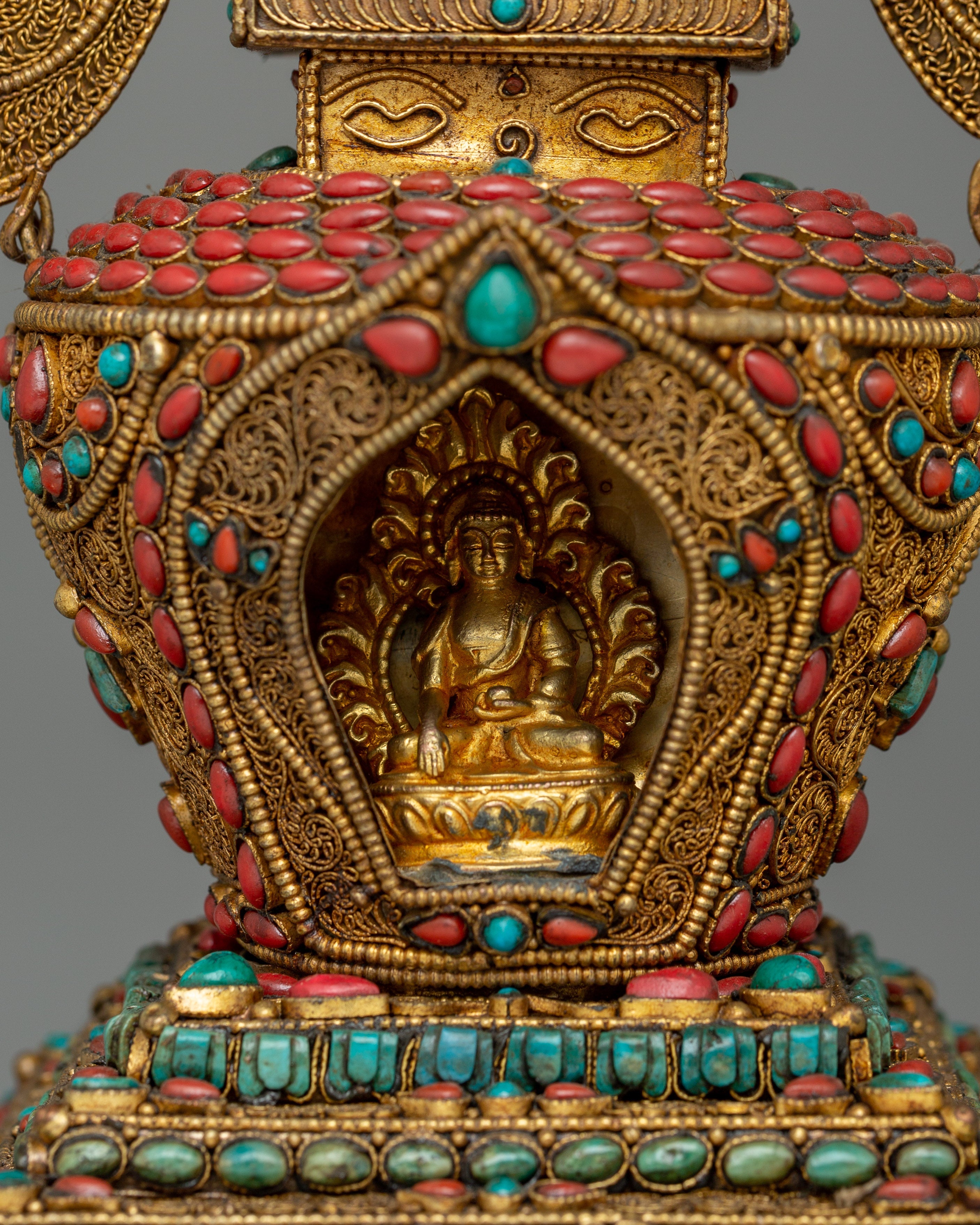 Decorative Stupa with Buddha Figure | Copper Stupa with Gold Plating