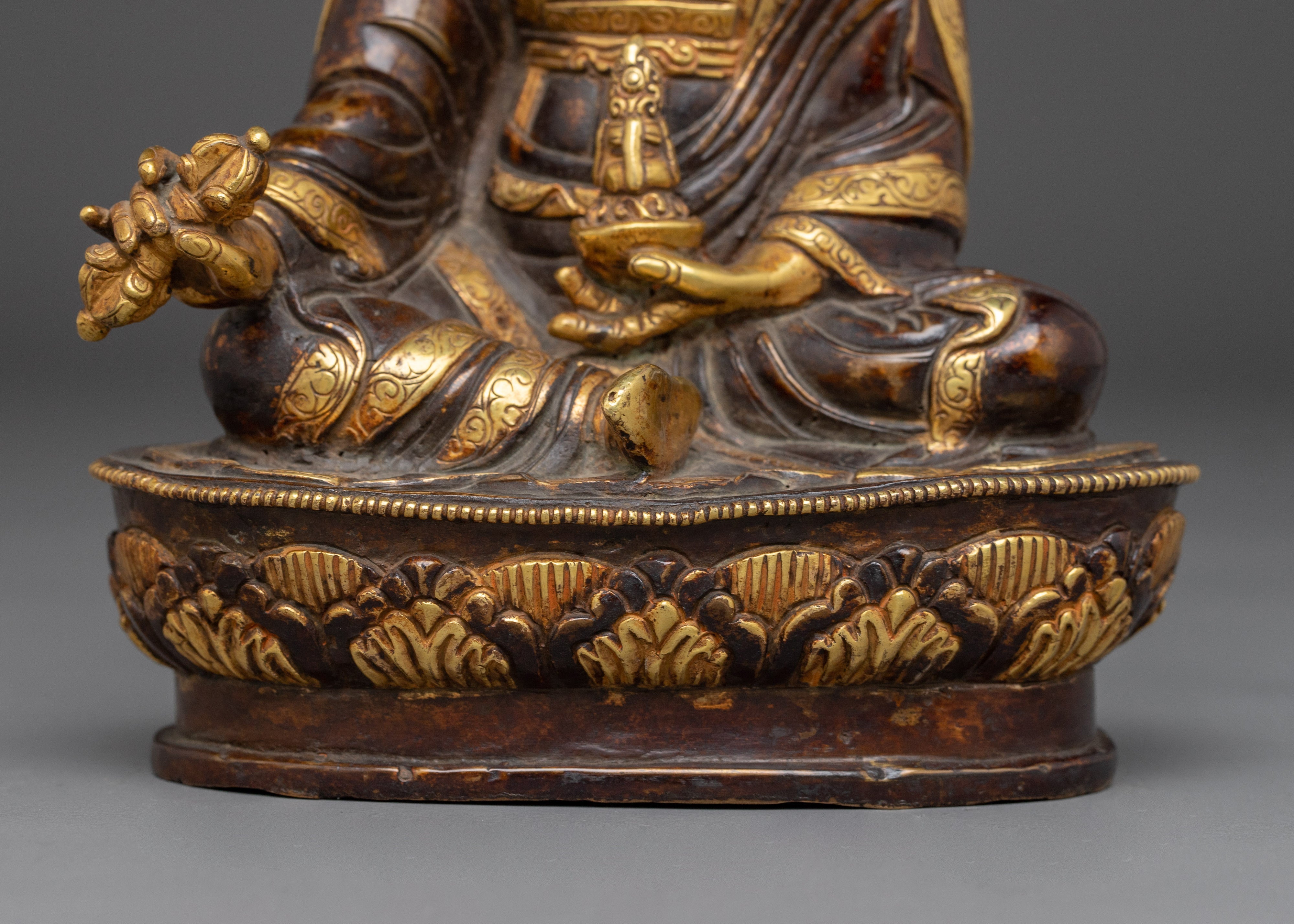 Oxidized Copper Statue of Guru Rinpoche | Gold-Plated Tibetan Spiritual Figure