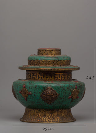 Handmade Tibetan Rice Pot | Dhupur Ritual Artifact with Turquoise Stone Details