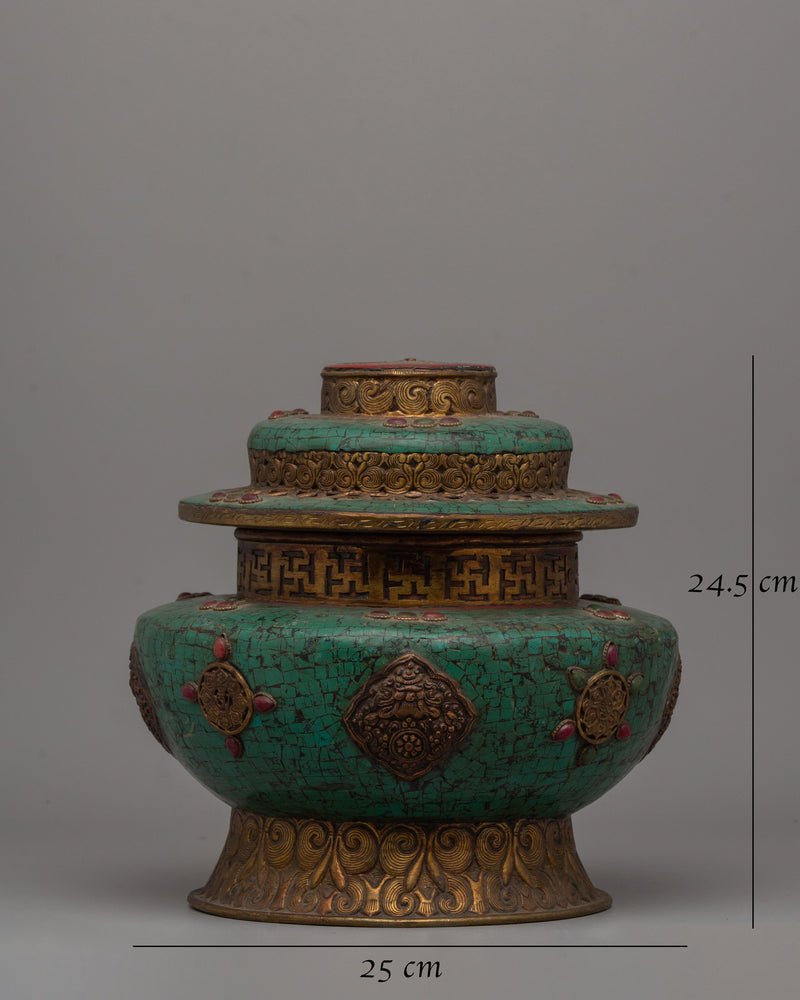 Handmade Tibetan Rice Pot | Dhupur Ritual Artifact with Turquoise Stone Details