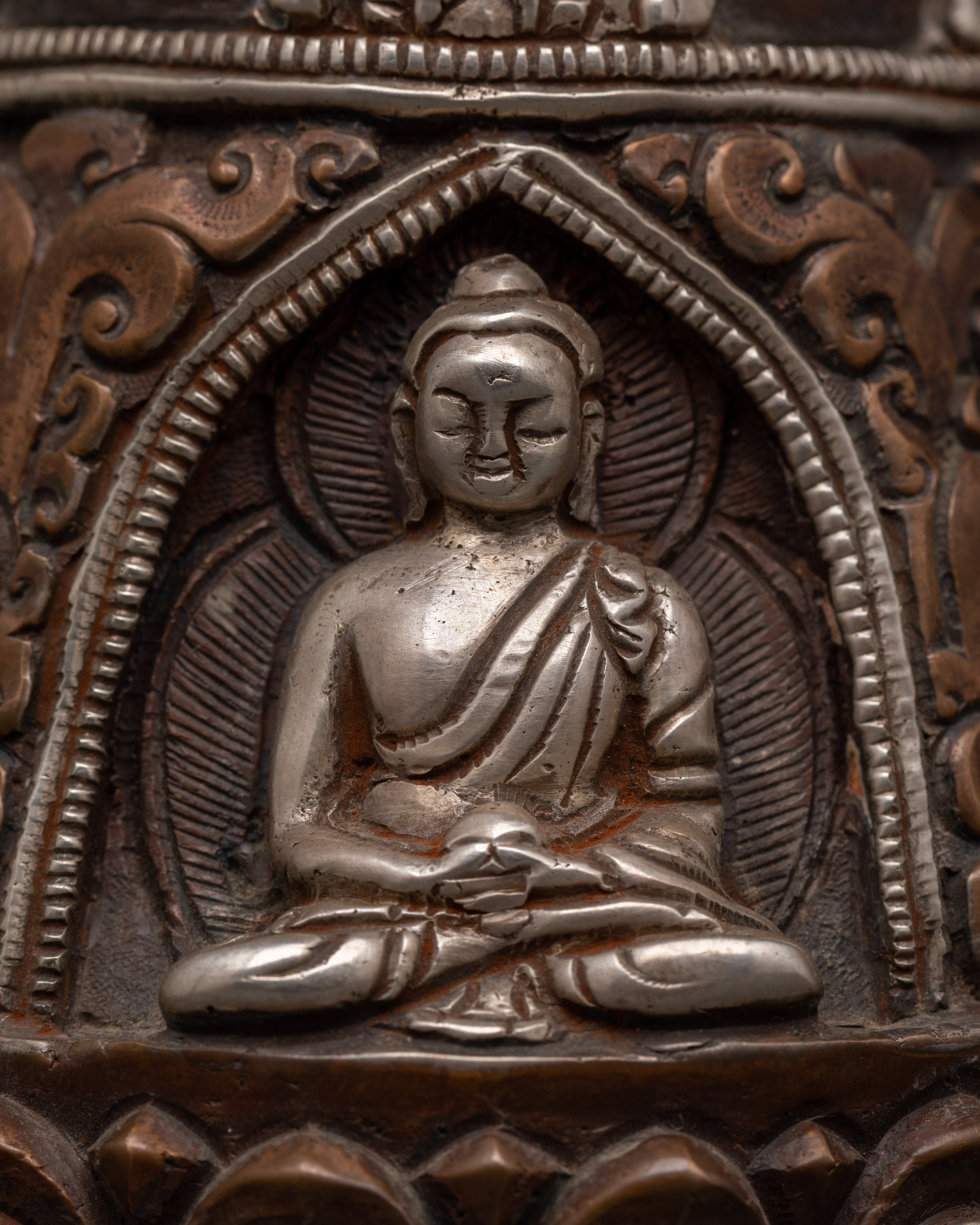 Lotus Moon Disc Engraved Buddha Stupa | Handcrafted Tibetan Stupa
