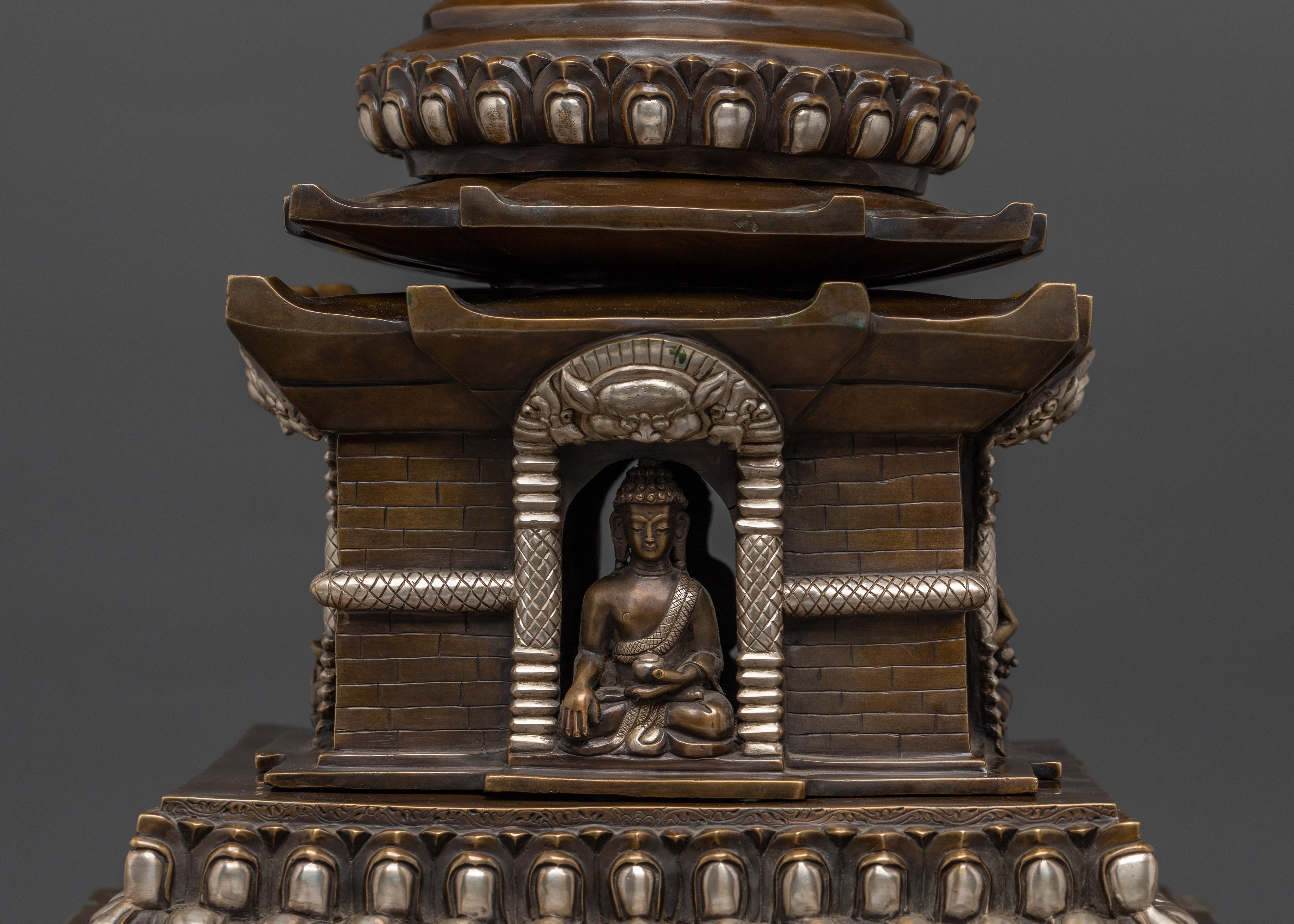 Large Oxidized Copper Stupa | Buddha Statue for Altar