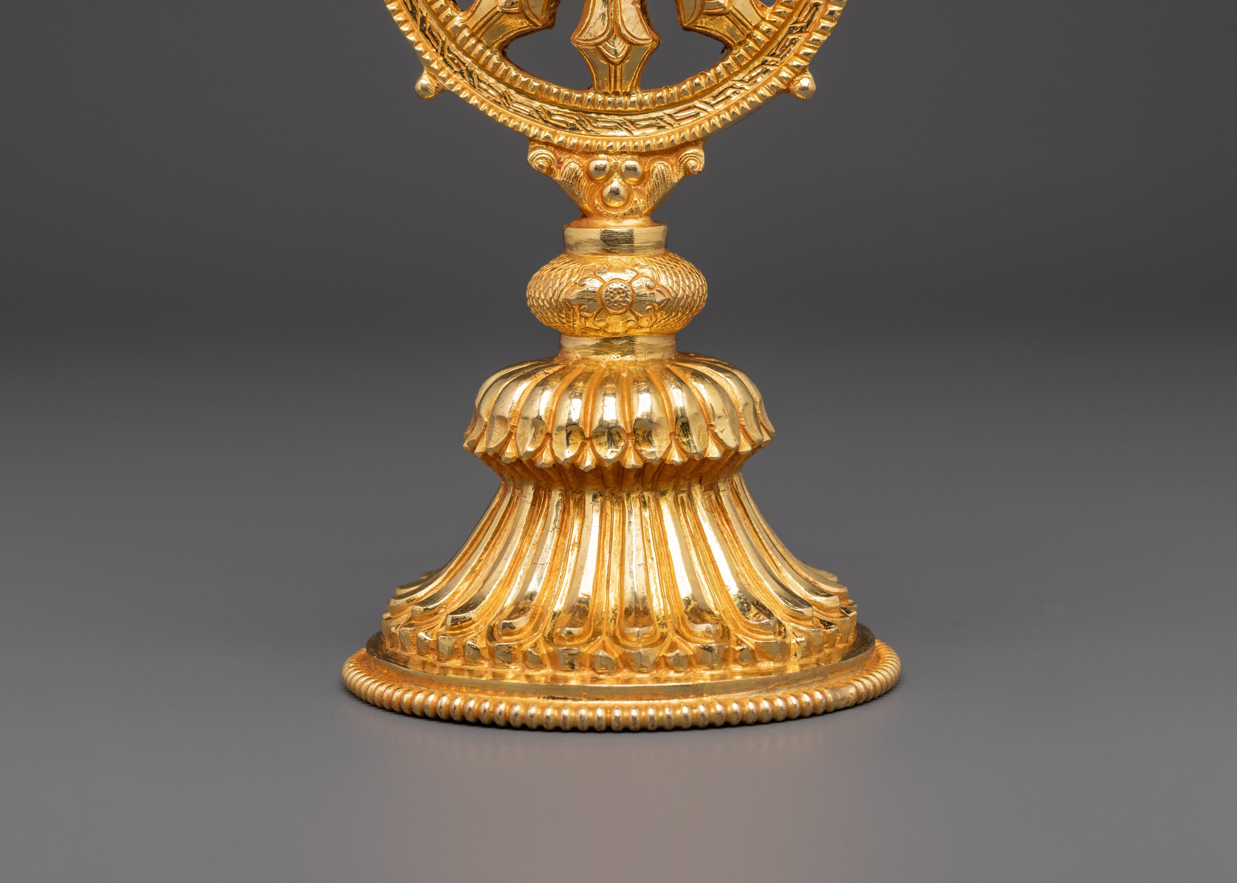Gold Plated Dharma Wheel with Deer | Tibetan Buddhist Altar Symbol