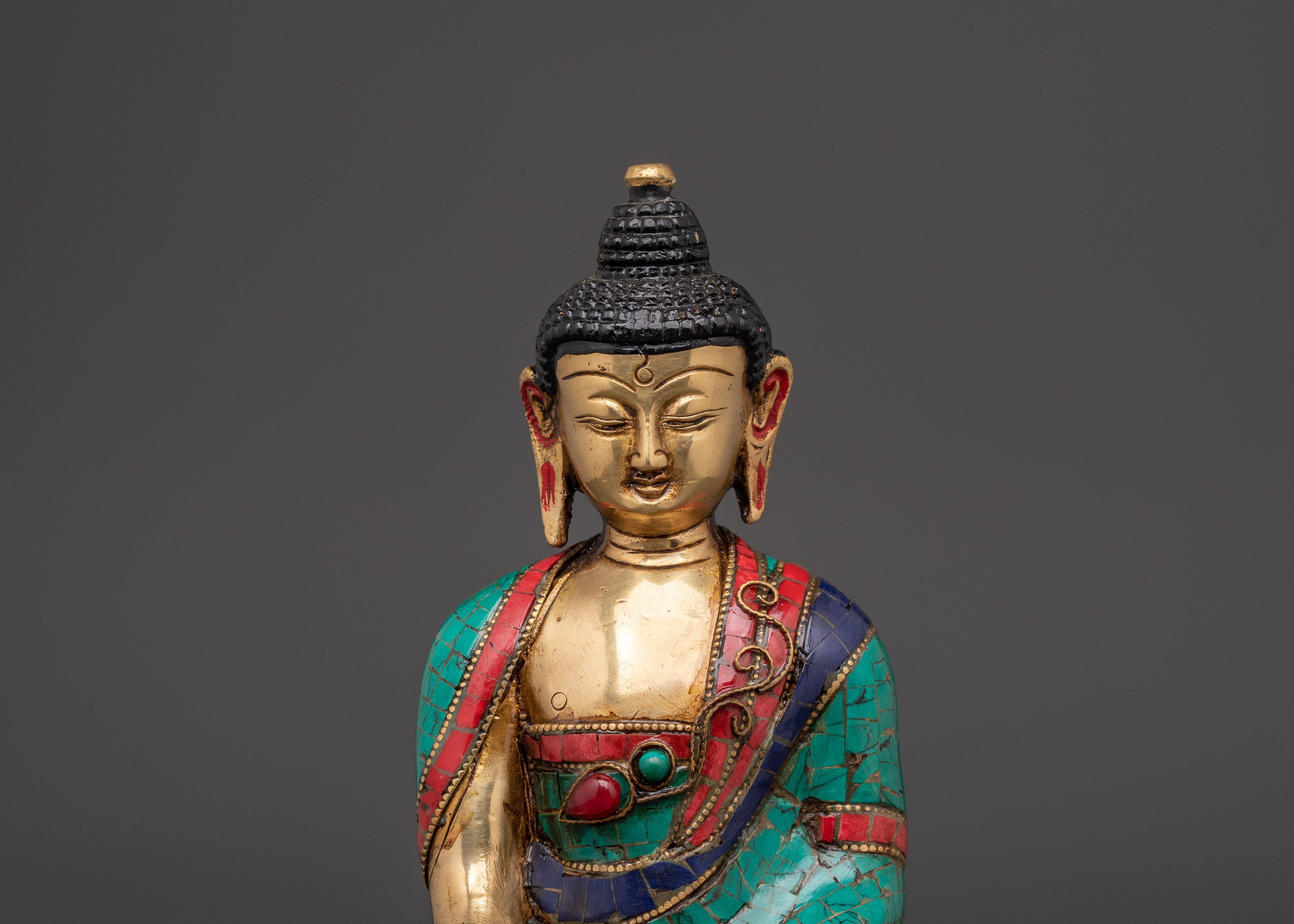 Brass Gautama Buddha Statue | Enlightened One in Vibrant Turquoise & Coral