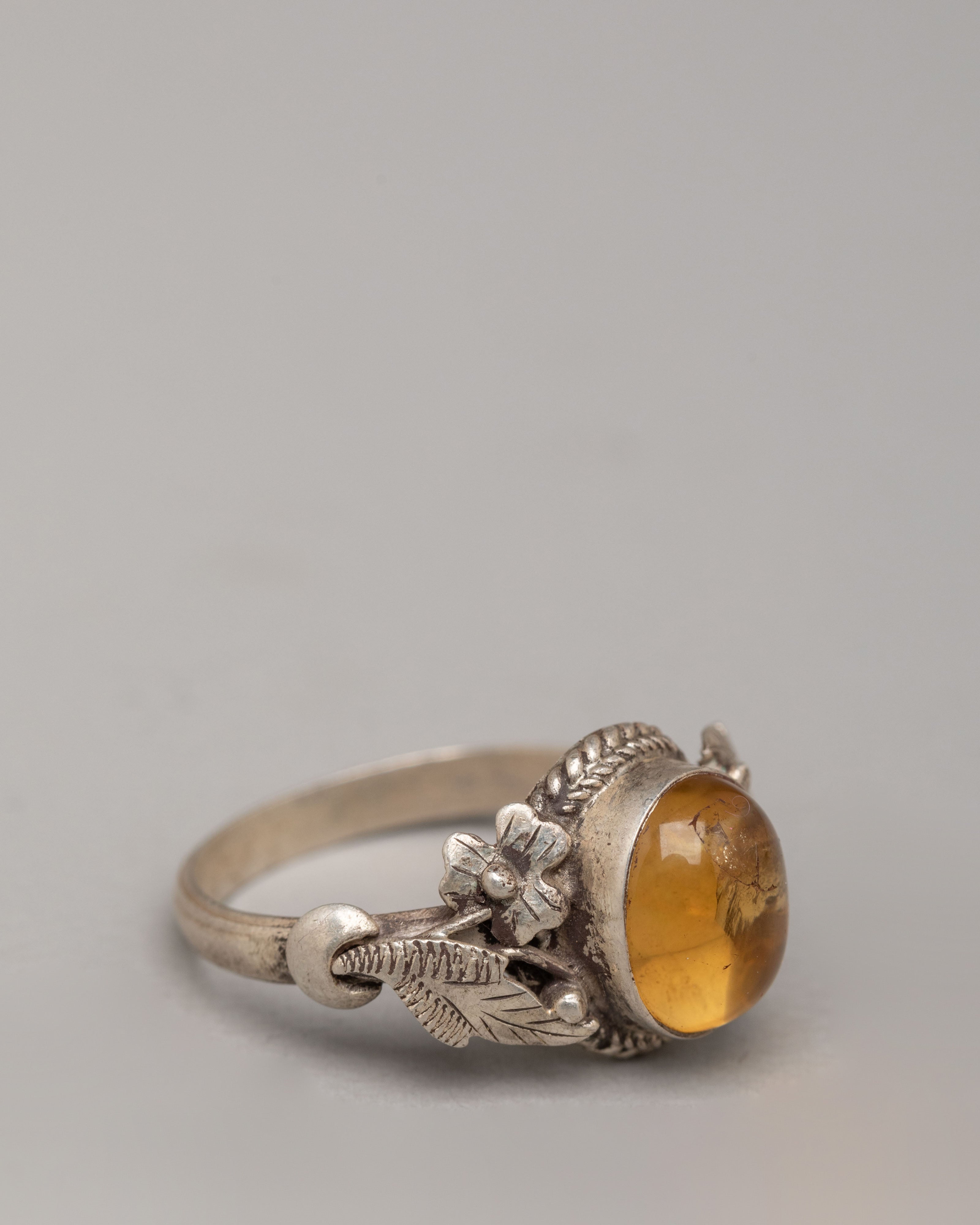 Tibetan Stone Ring | Natural Zircon Silver Ring with Floral Motif