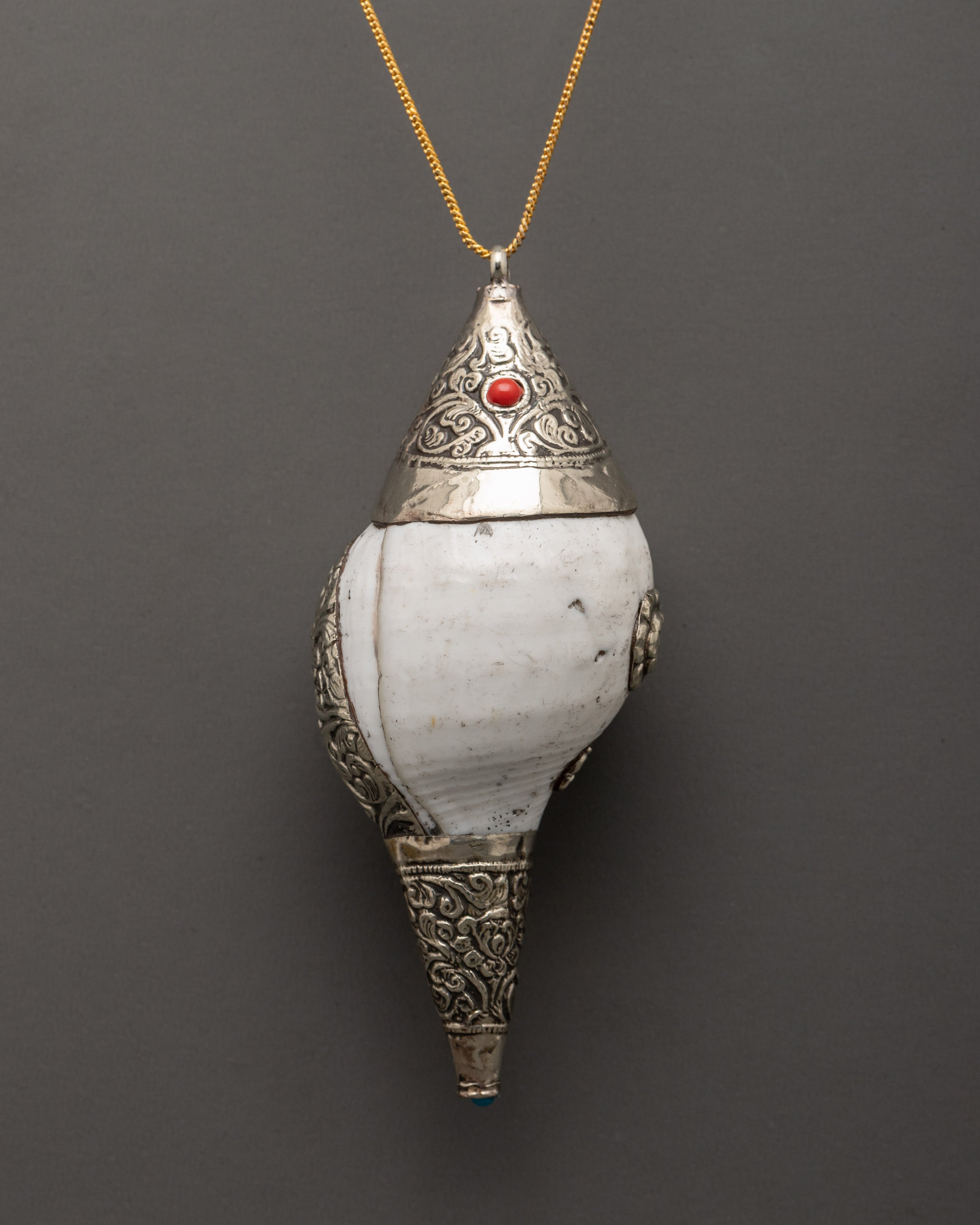 Spiritual Buddhist Conch Locket | Silver Plated Pendant with Coral Sto