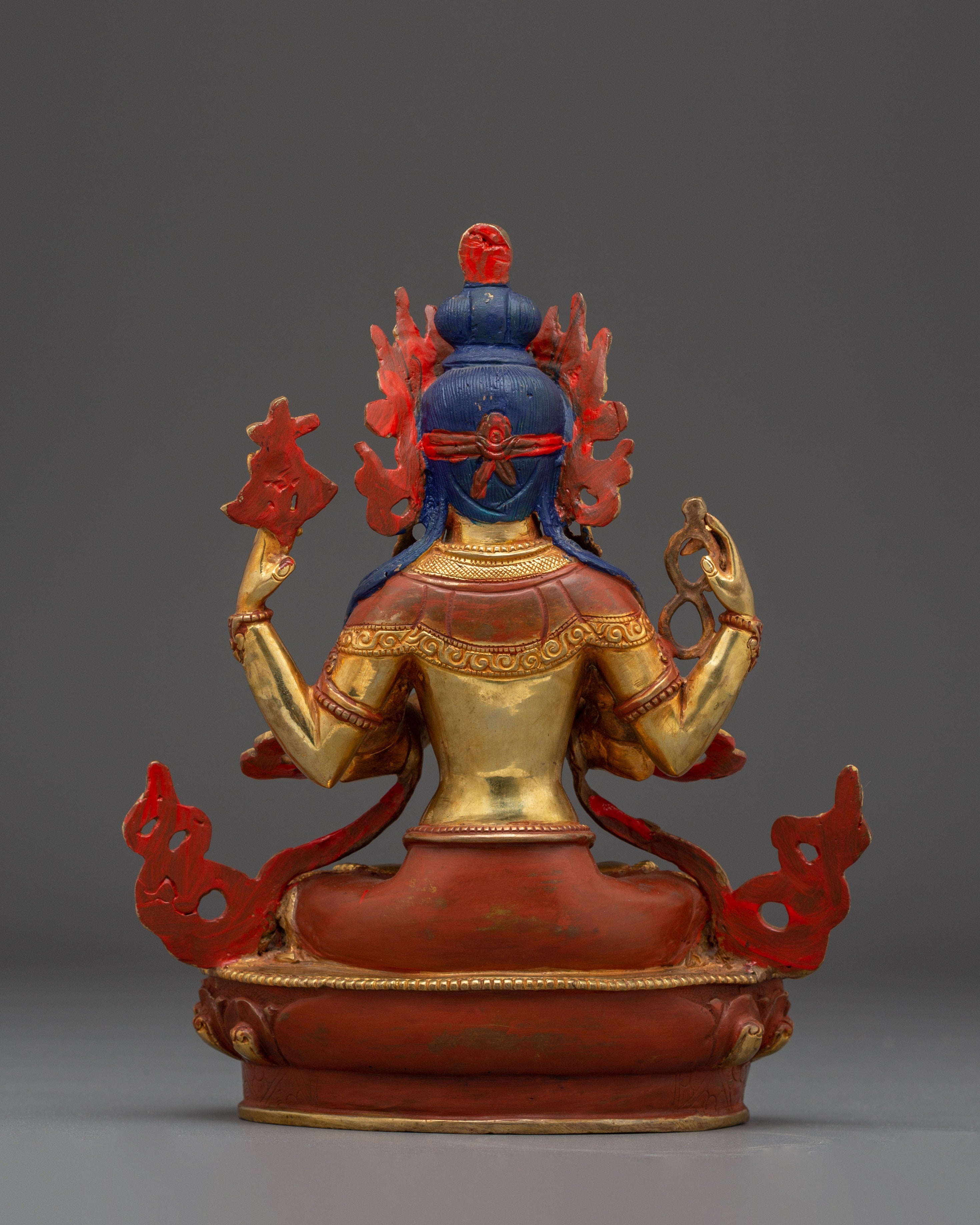 Sacred Statue of Bodhisattva Chenrezig | Copper & Gold Gilded with Acrylic Color