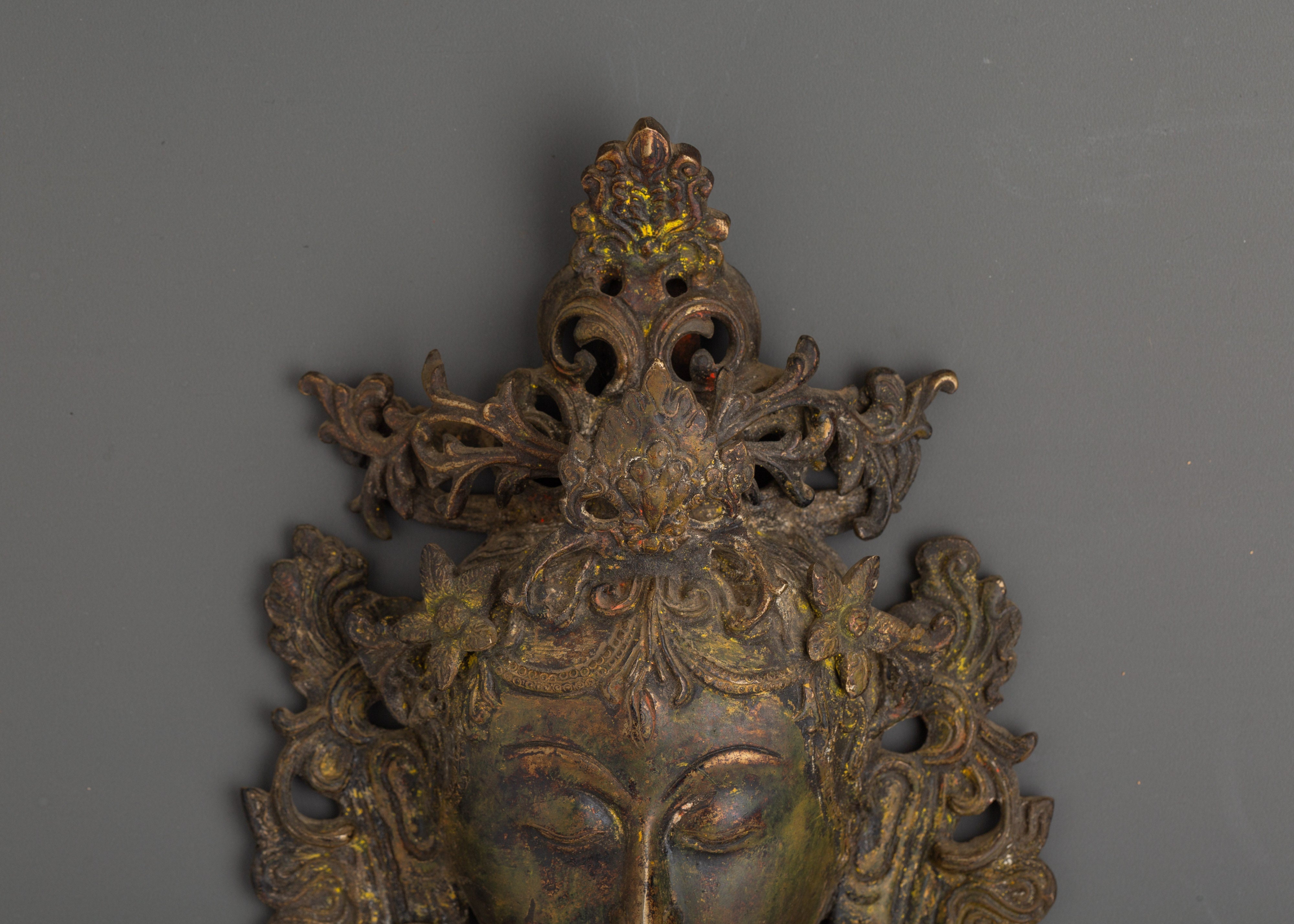 Green Tara Brass Wall Hanging | Sacred Face Mask for Altar or Home