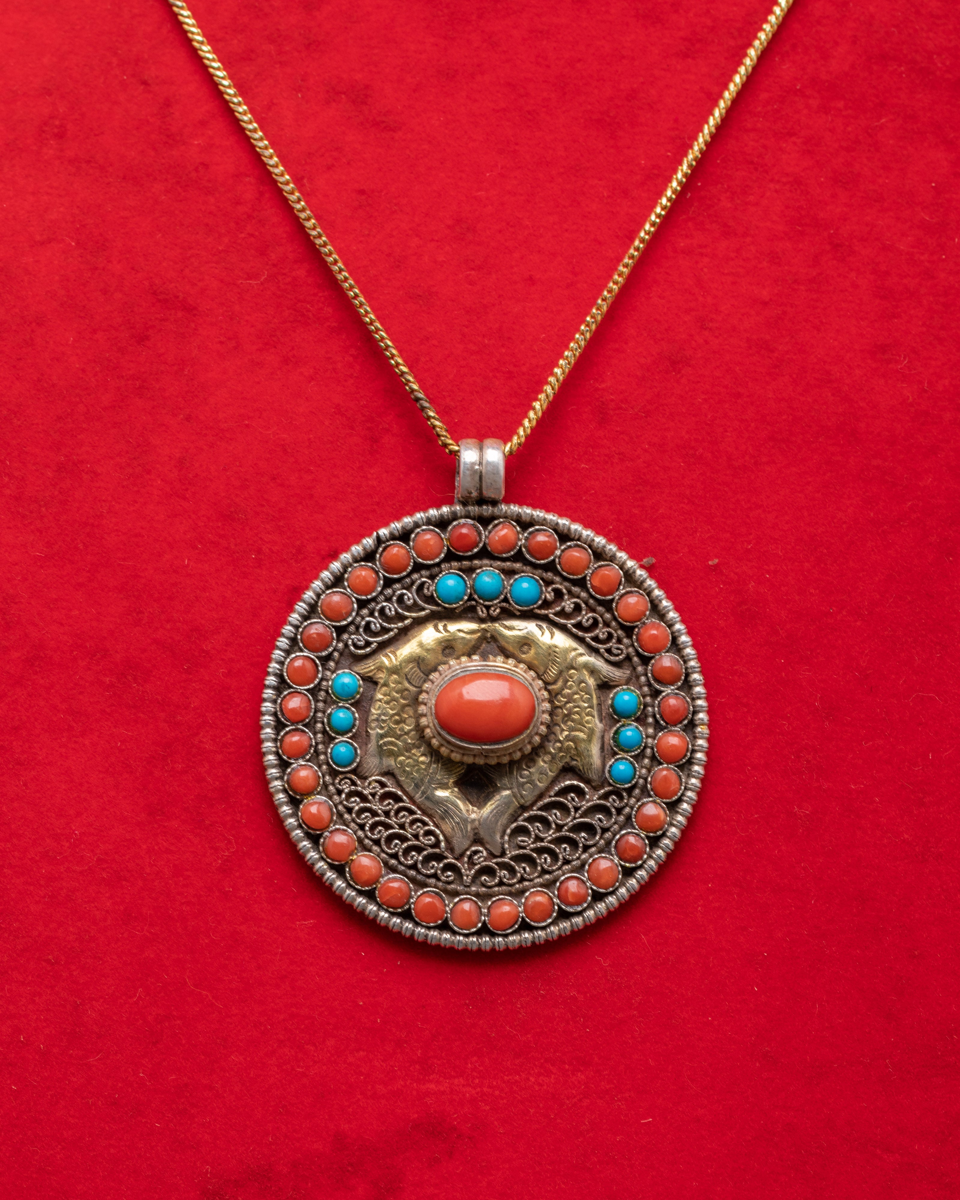 Traditional Himalayan Pendant | Handmade Silver Pendant with Coral & Turquoise