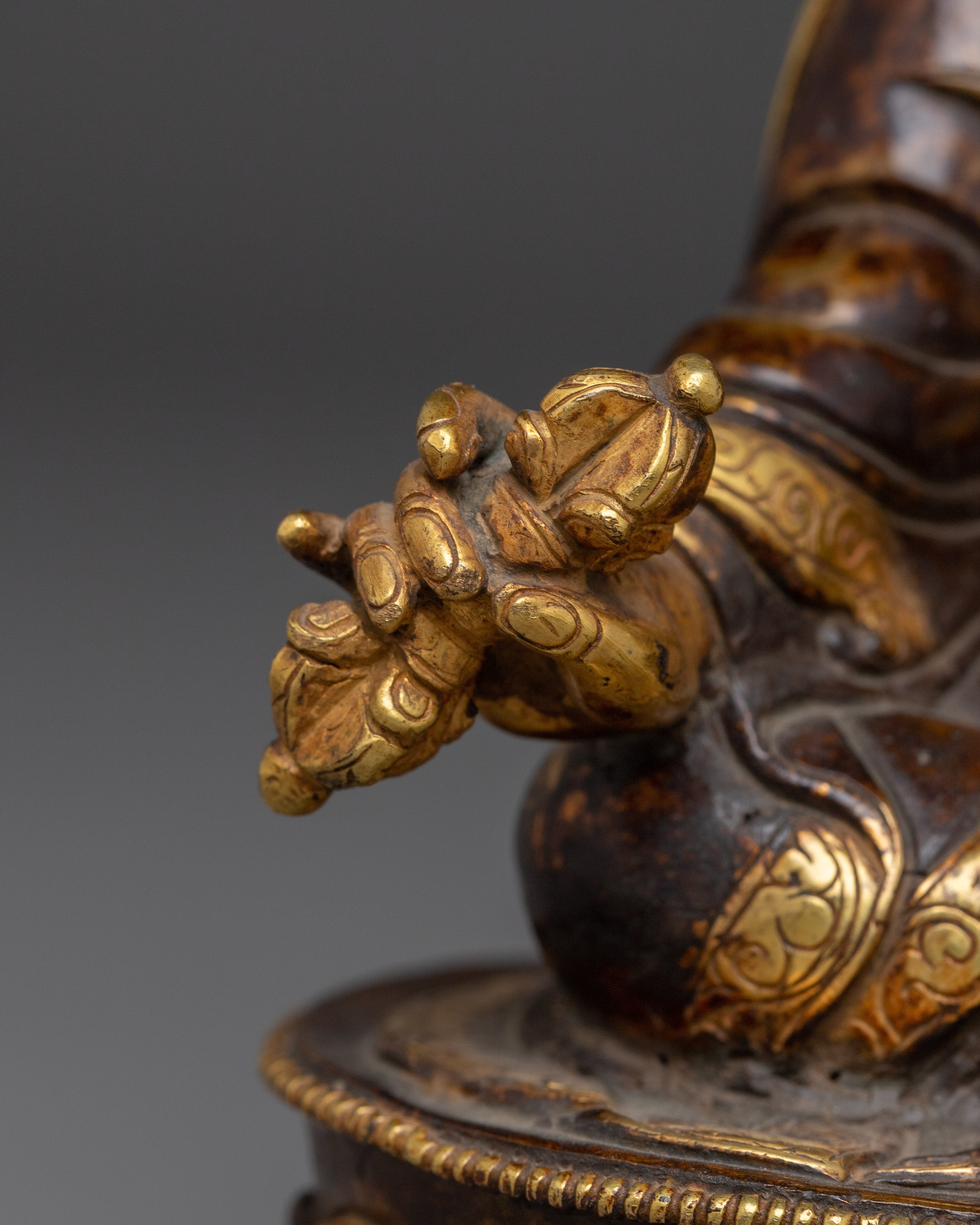 Oxidized Copper Statue of Guru Rinpoche | Gold-Plated Tibetan Spiritual Figure