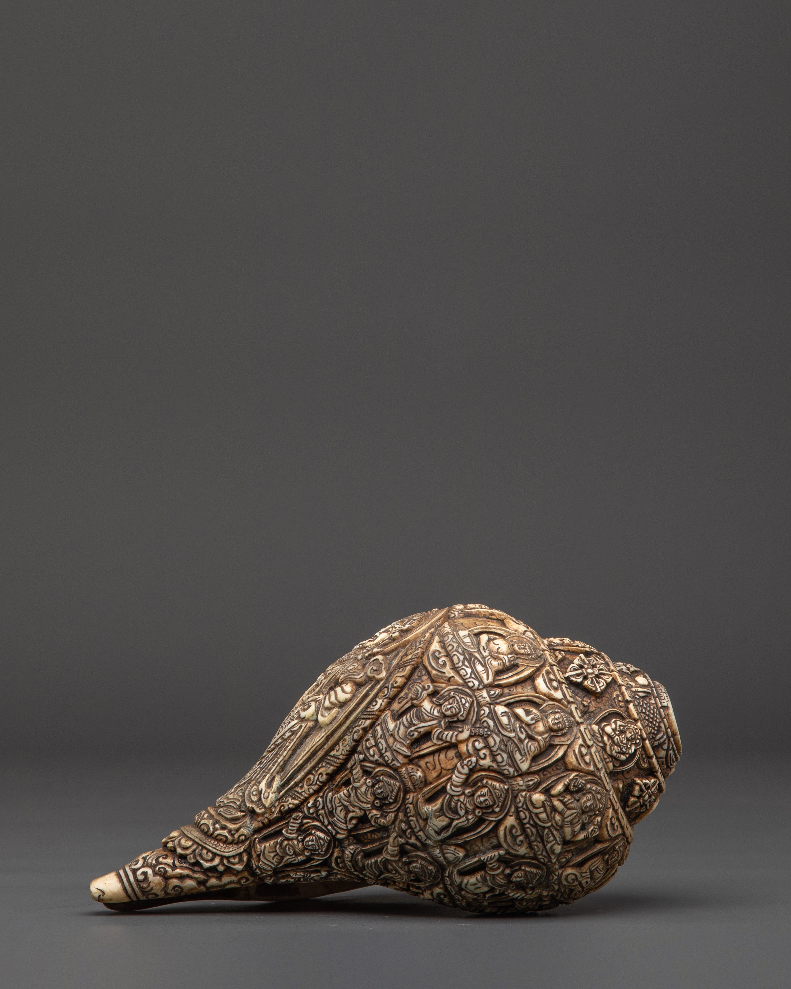 Carved Conch Shell with Buddhist Deity | Spiritual Buddhist Decor