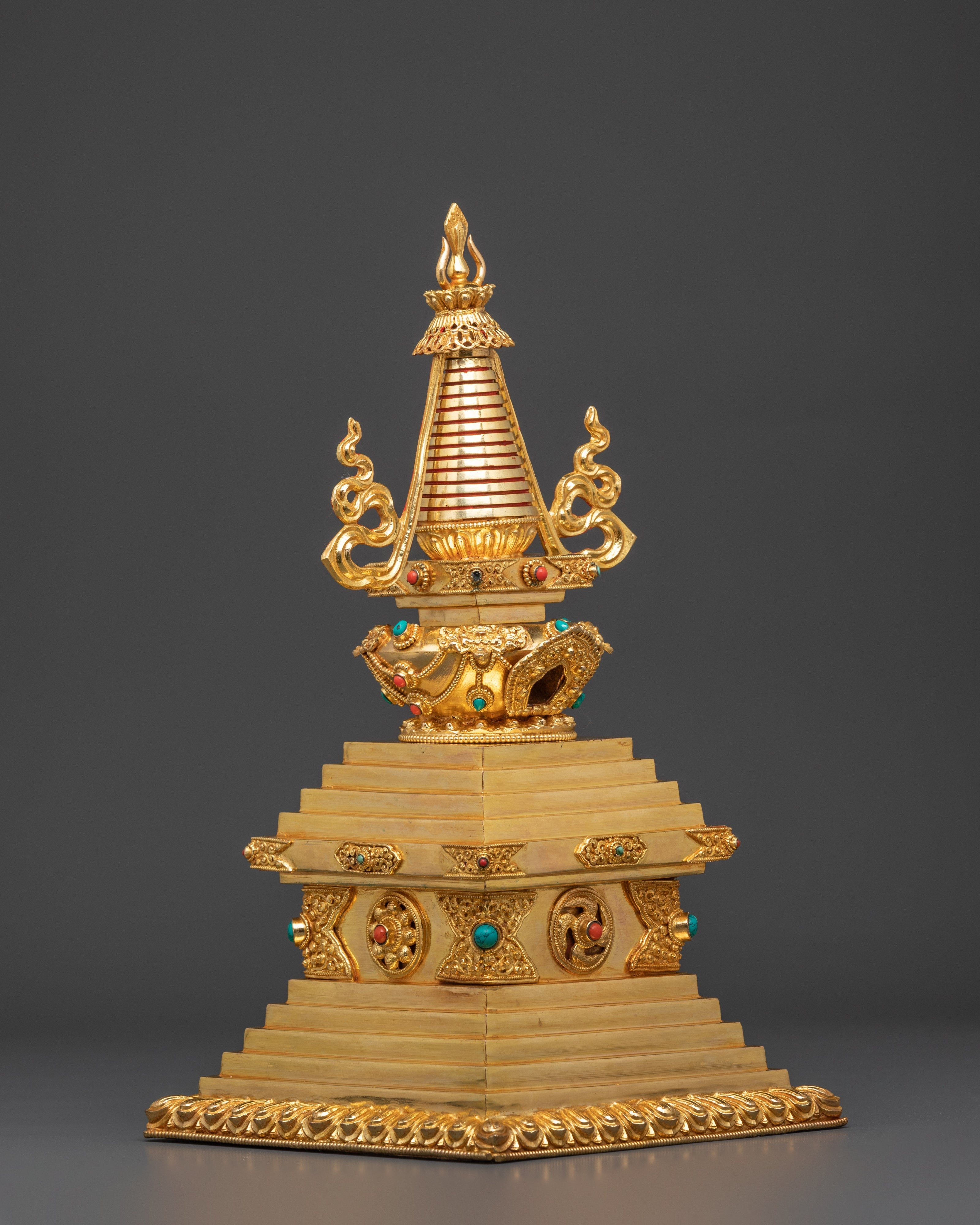 Gold Plated Buddhist Stupa for Rituals | Tibetan Copper Shrine