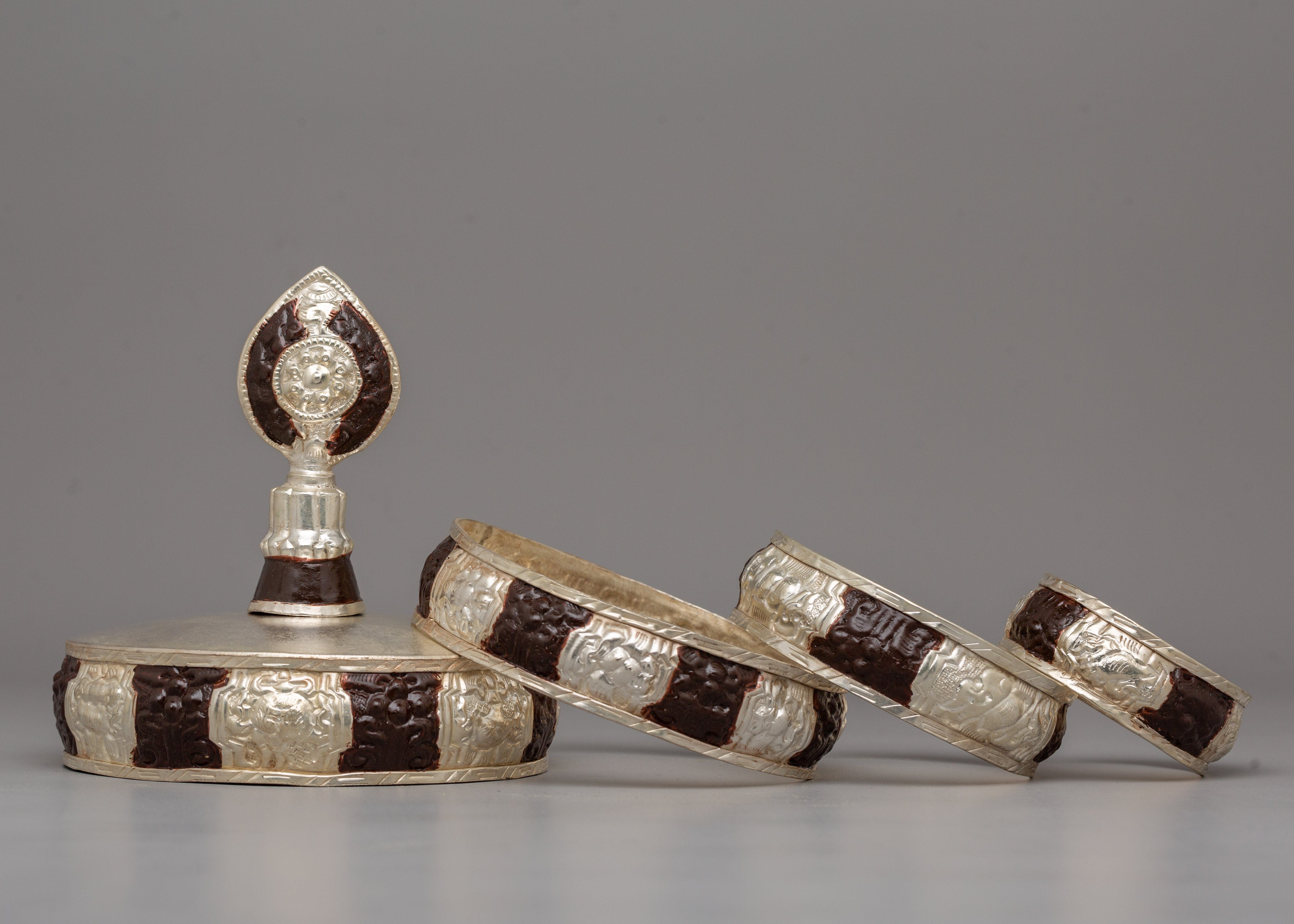 Handmade Tibetan Mandala Offering Set | Copper Body with Silver Plating and Acrylic Detailing