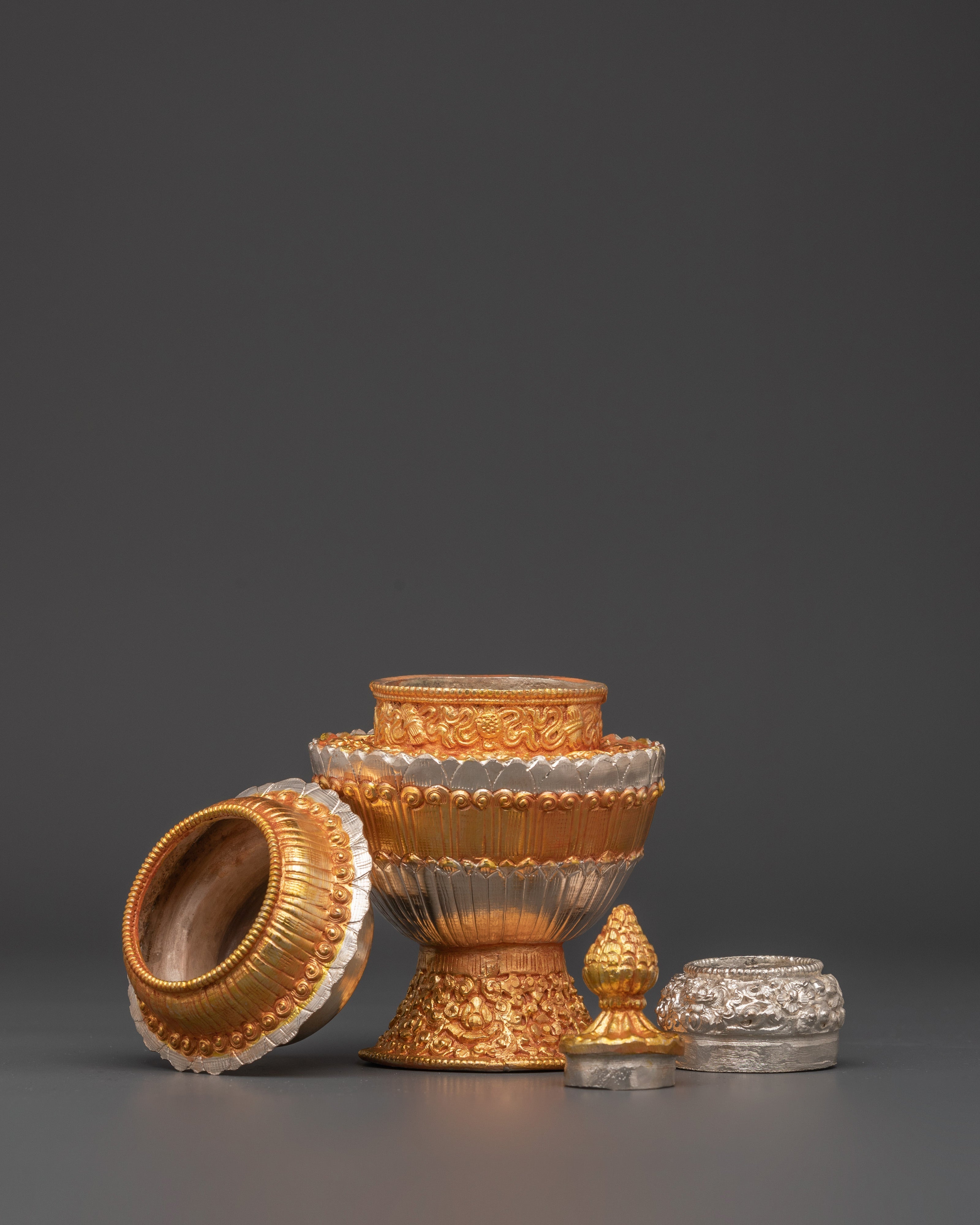Himalayan Buddhist Ritual Pot | Offering Vessel with Electroplated Gold and Silver
