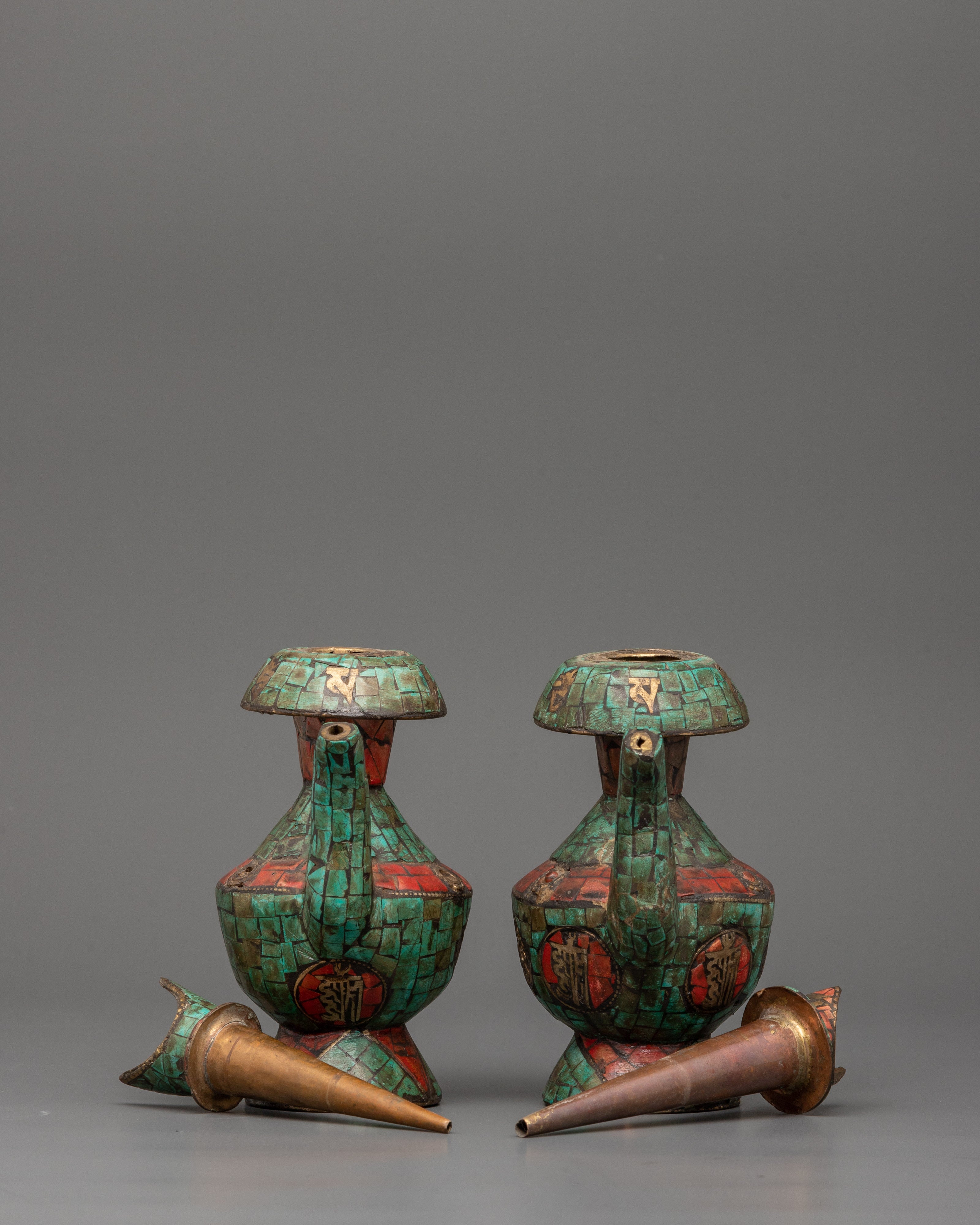 Tibetan Bhumba Set with Turquoise & Coral Inlay | Copper Ritual Water Vases