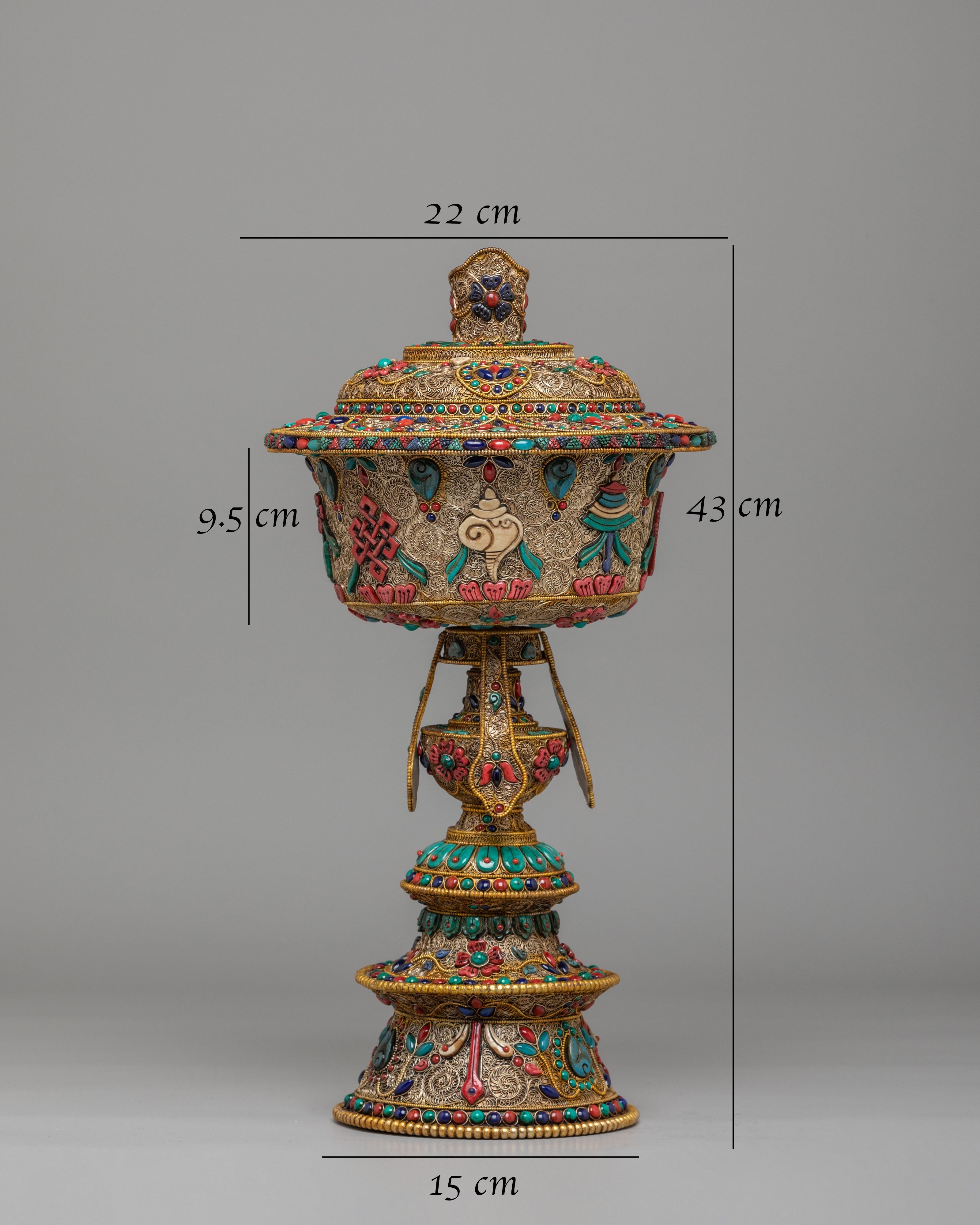 Buddhist Altar Butter Lamp Set | Gemstone Inlaid Copper Offering Lamps