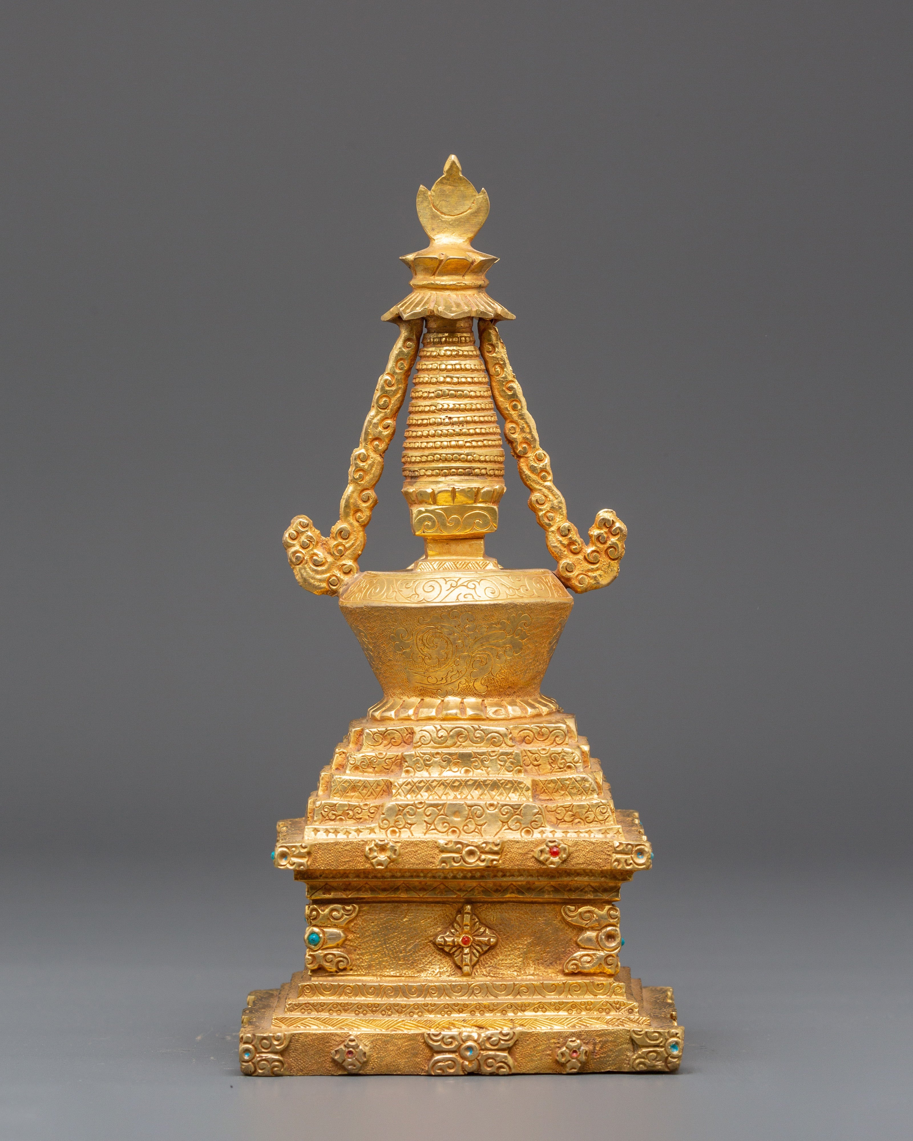 Handcrafted Spiritual Monument Stupa | Gold Plated Tibetan Altar Decor